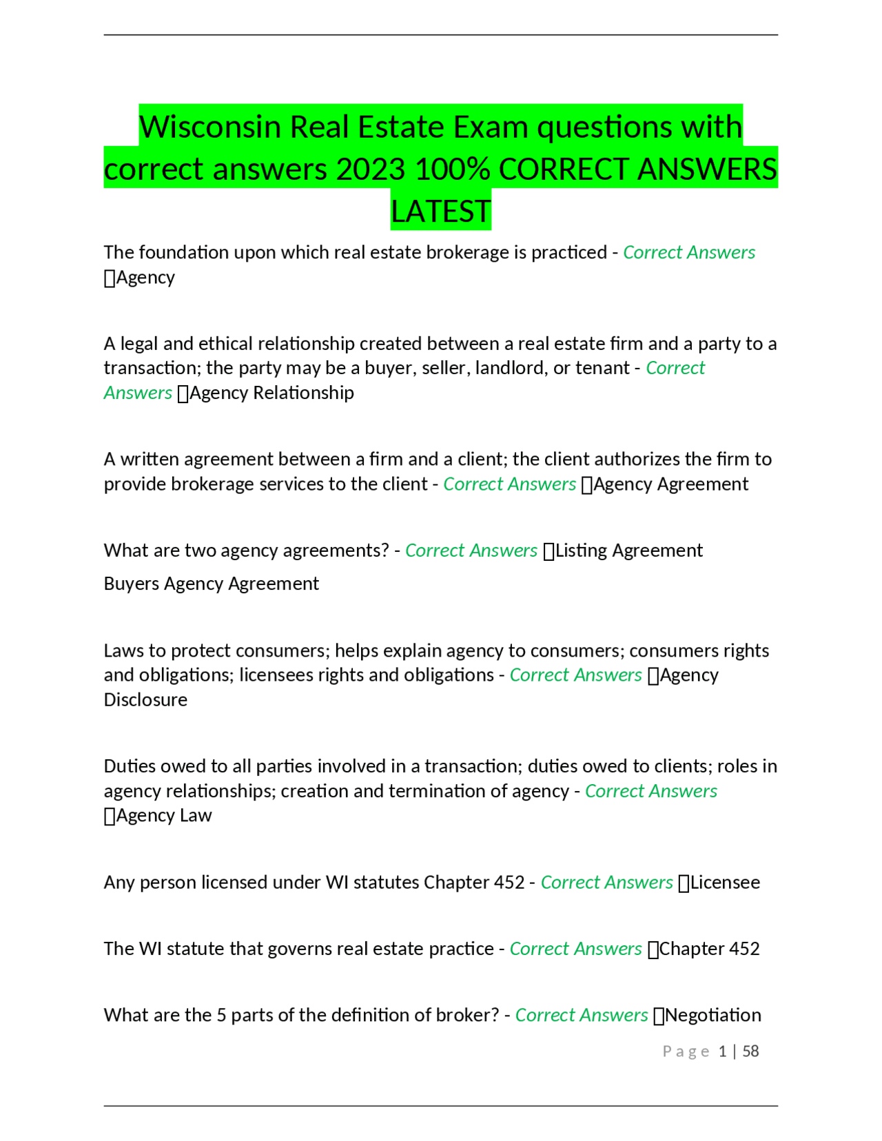 Wisconsin Real Estate Exam questions with correct answers 2023 100