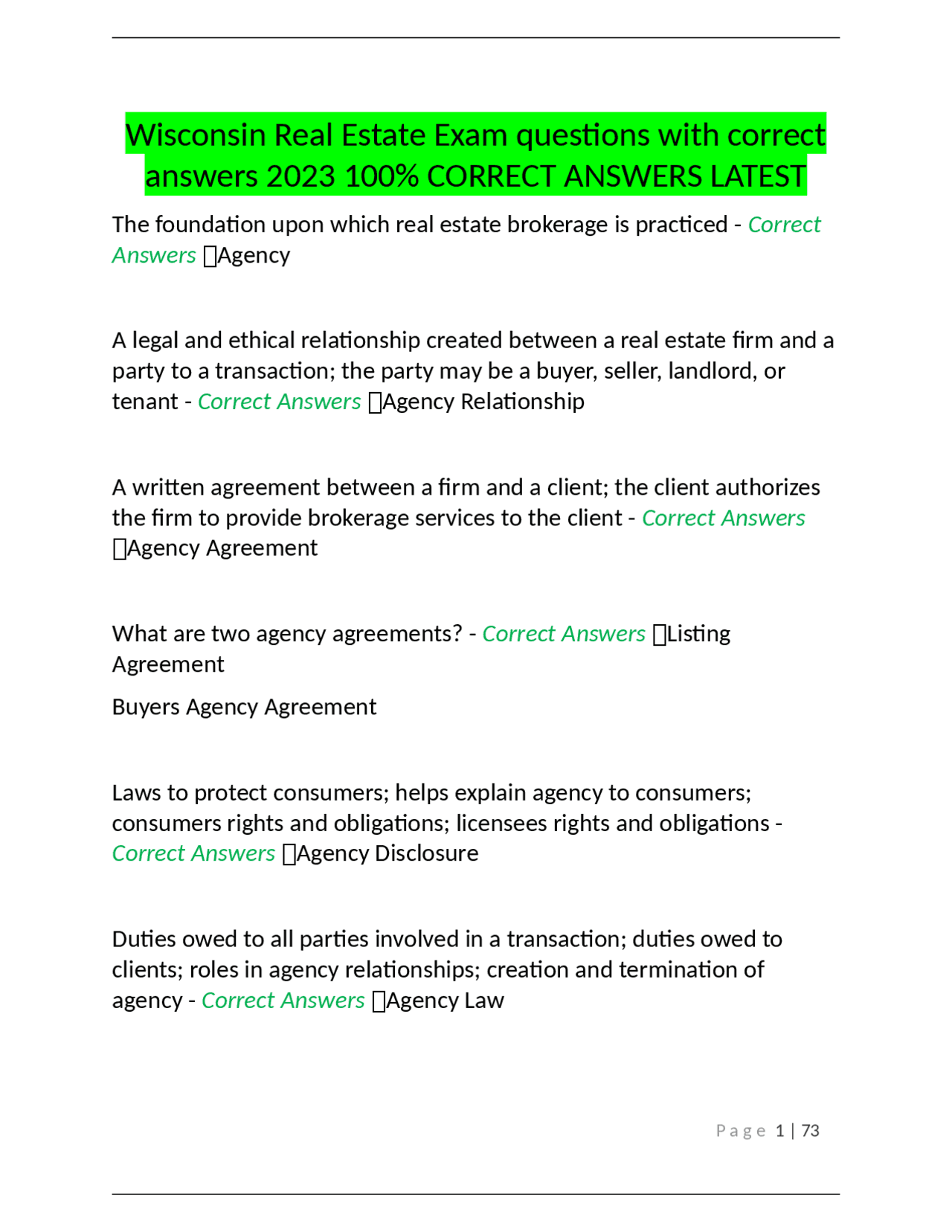 Wisconsin Real Estate Exam questions with correct answers 2023 100