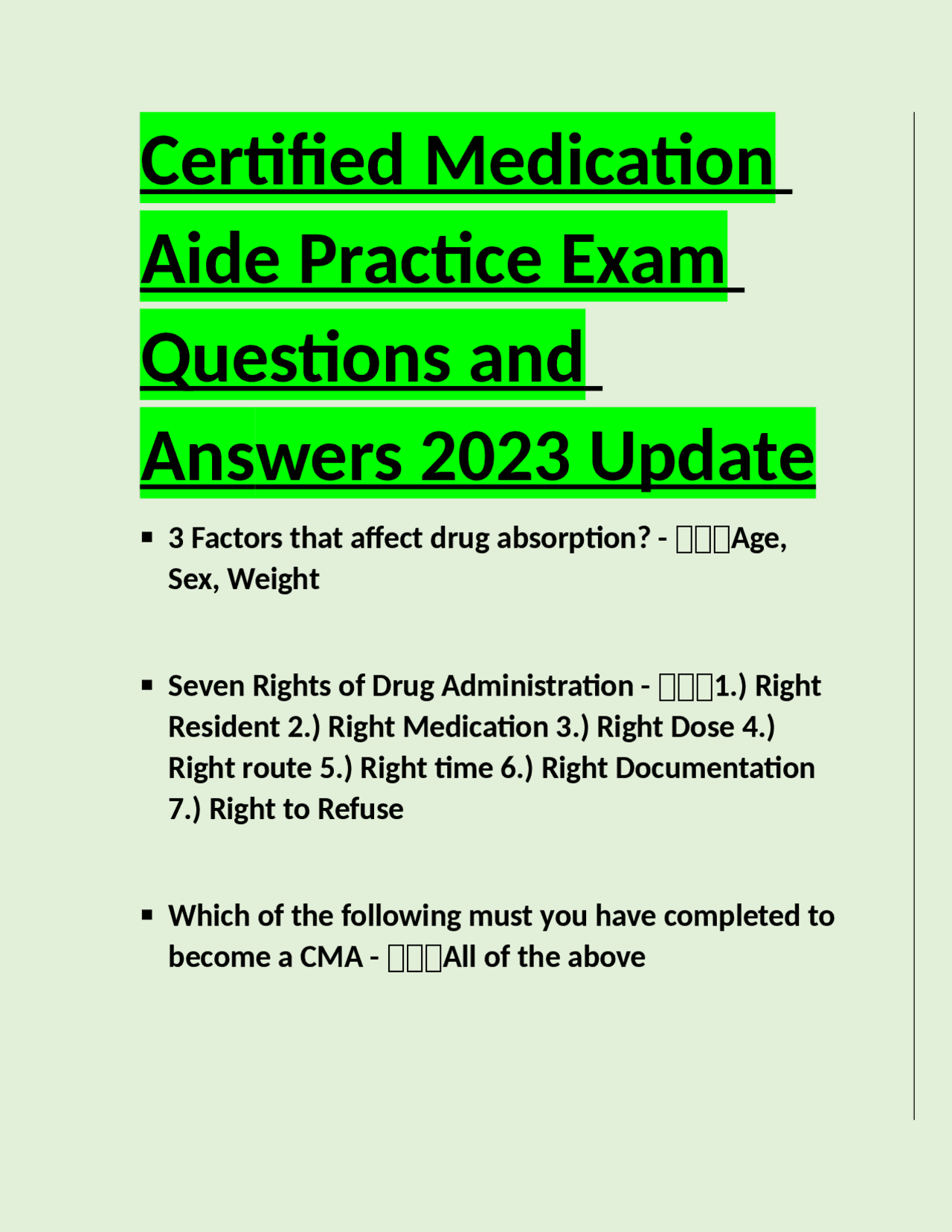 Certified Medication Aide Practice Exam Questions and Answers 2023 Certified Medication Aide Practice Exam Questions and Answers 2023