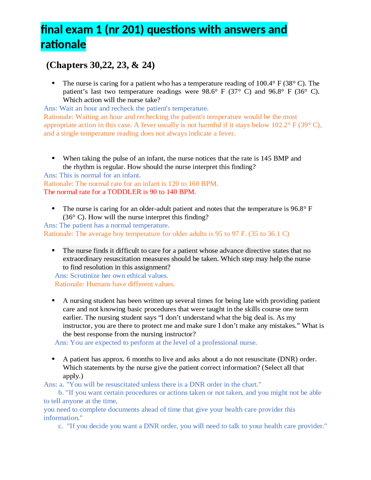 Final Exam 1 Questions and Answers on Nursing Care | Exams Nursing ...