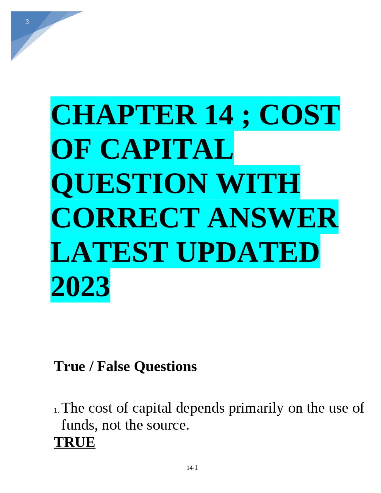 Cost of Capital True/False Questions and Multiple Choice Questions