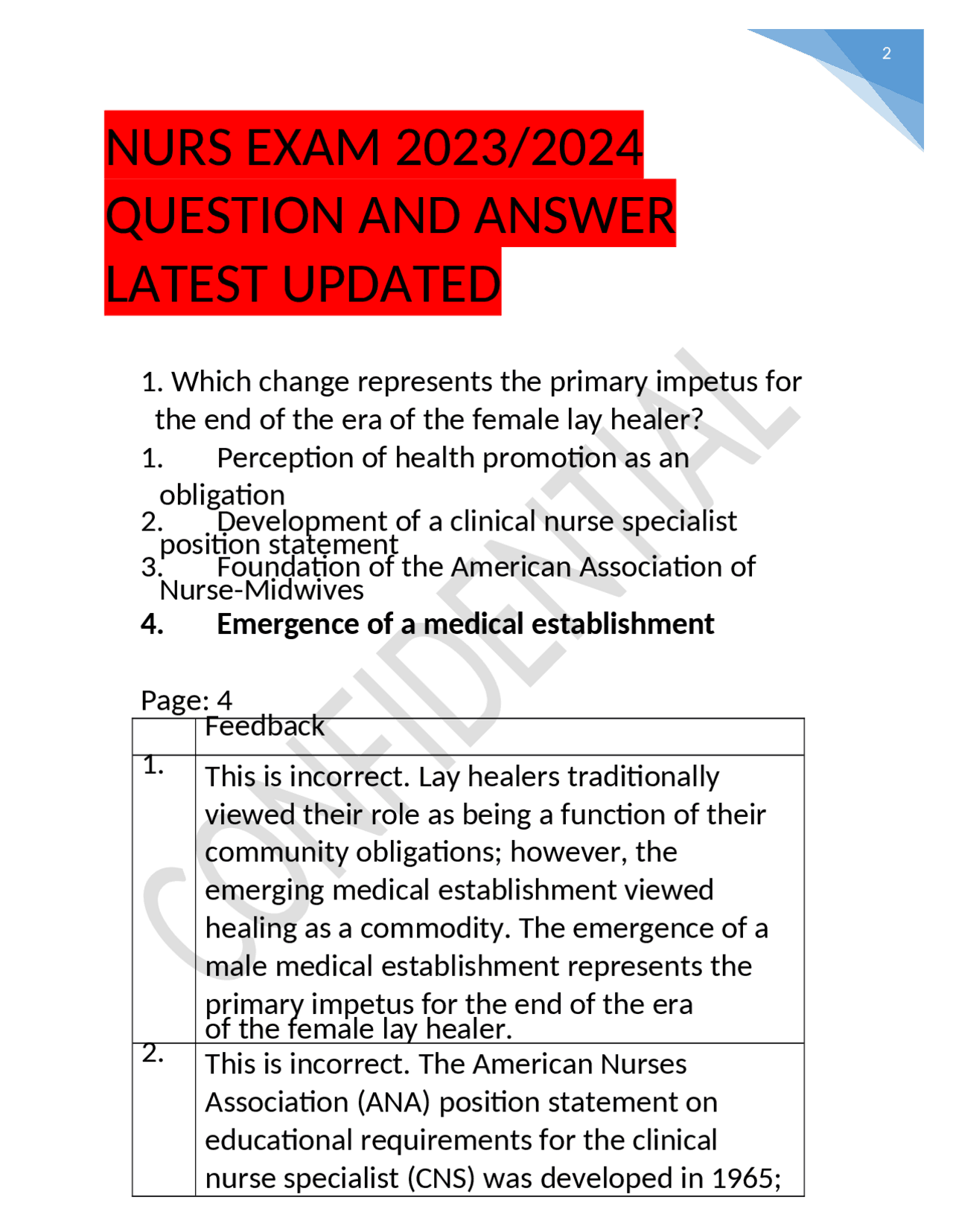 NURS Exam Questions and Answers | Exams Nursing | Docsity
