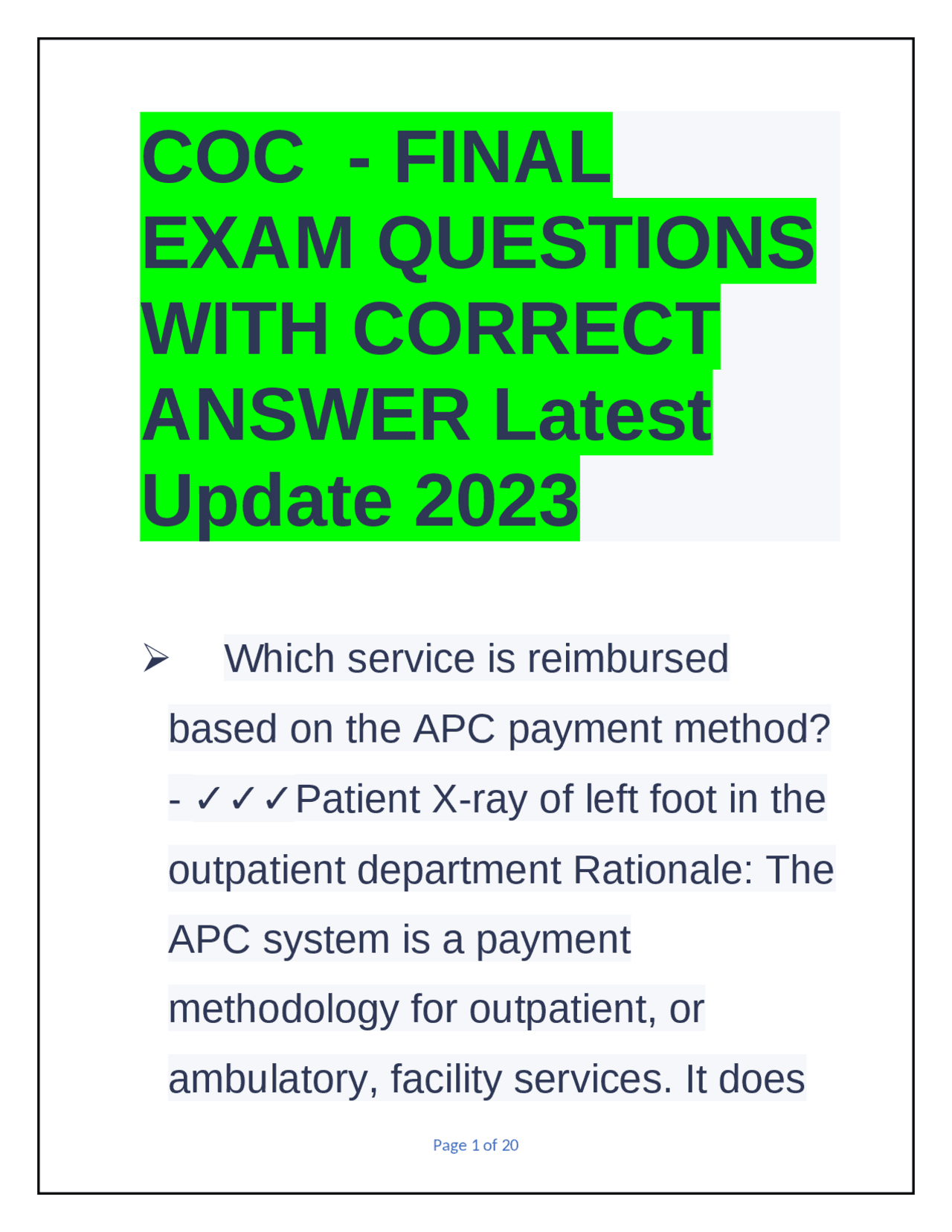 COC FINAL EXAM QUESTIONS WITH CORRECT ANSWER Latest Update 2023