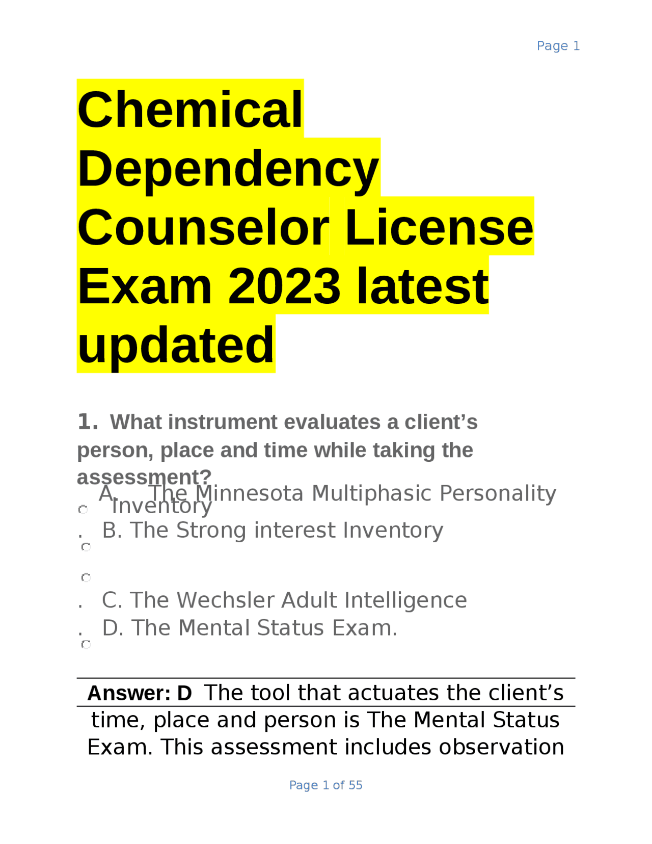 Chemical Dependency Counselor License Exam 2023 latest updated Exams