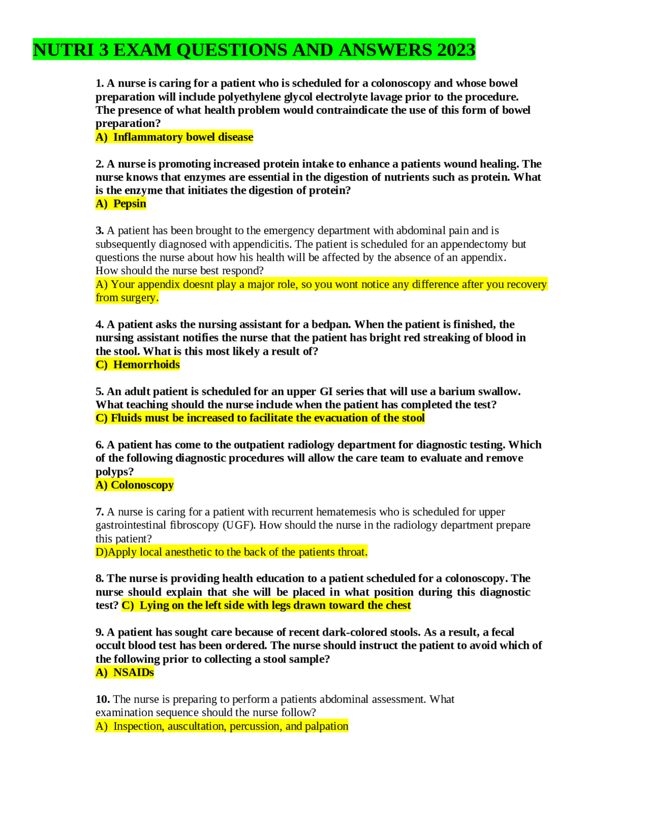 NUTRI 3 Exam Questions and Answers 2023 | Exams Nursing | Docsity