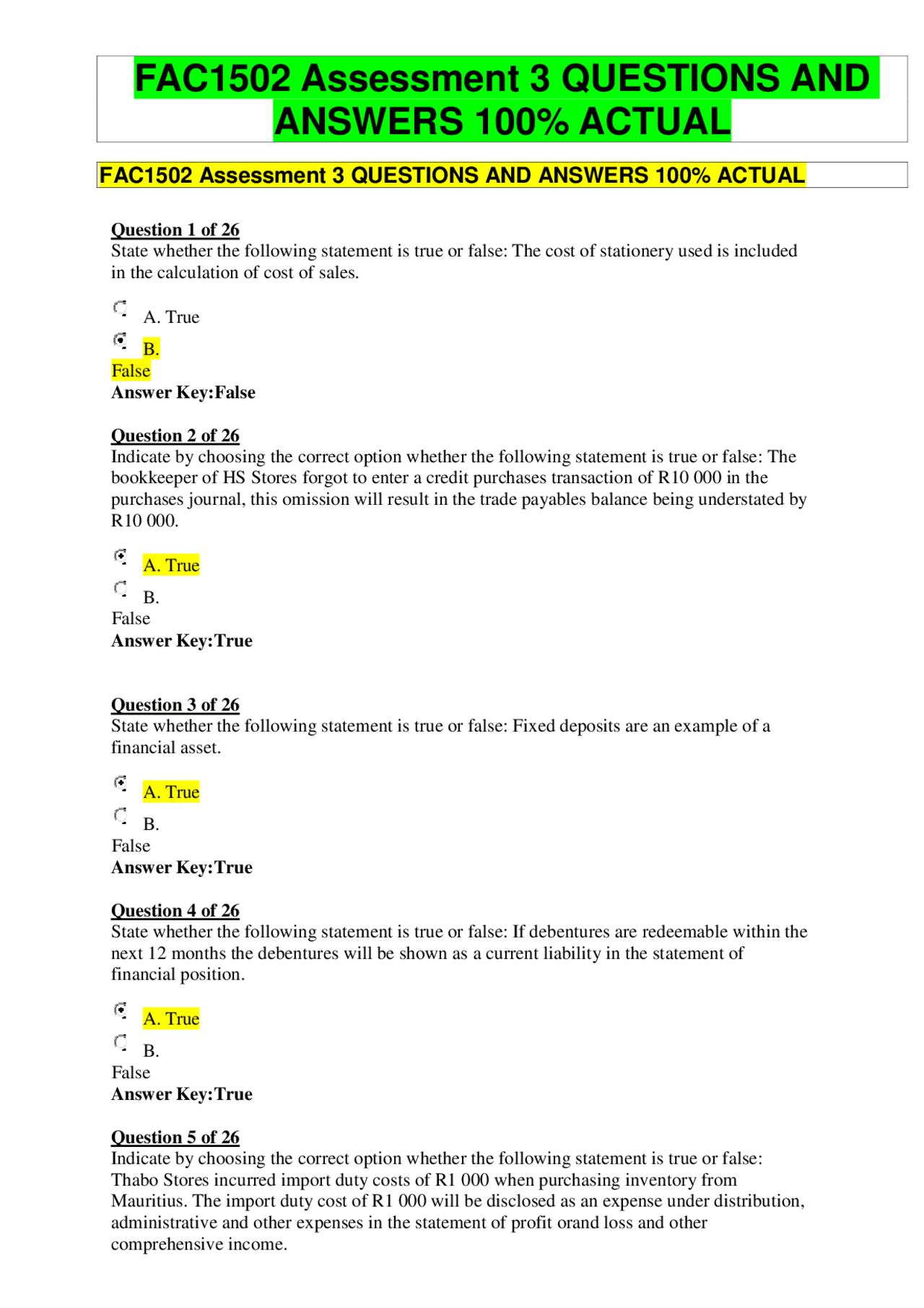 Telegram Fac1502 Assignment.pdf FAC1502 Assessment 3 QUESTIONS AND ACTUAL ANSWERS VERIFIED AND APPROVED ...
