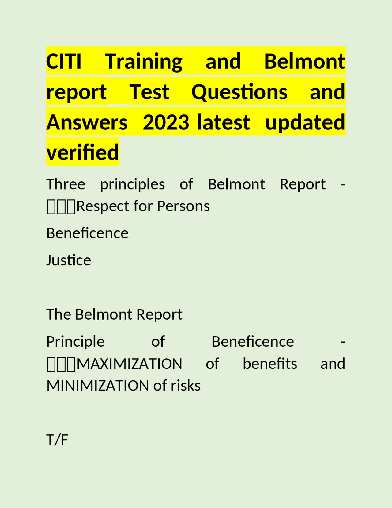 CITI Training and Belmont Report Test Questions and Answers | Exams ...