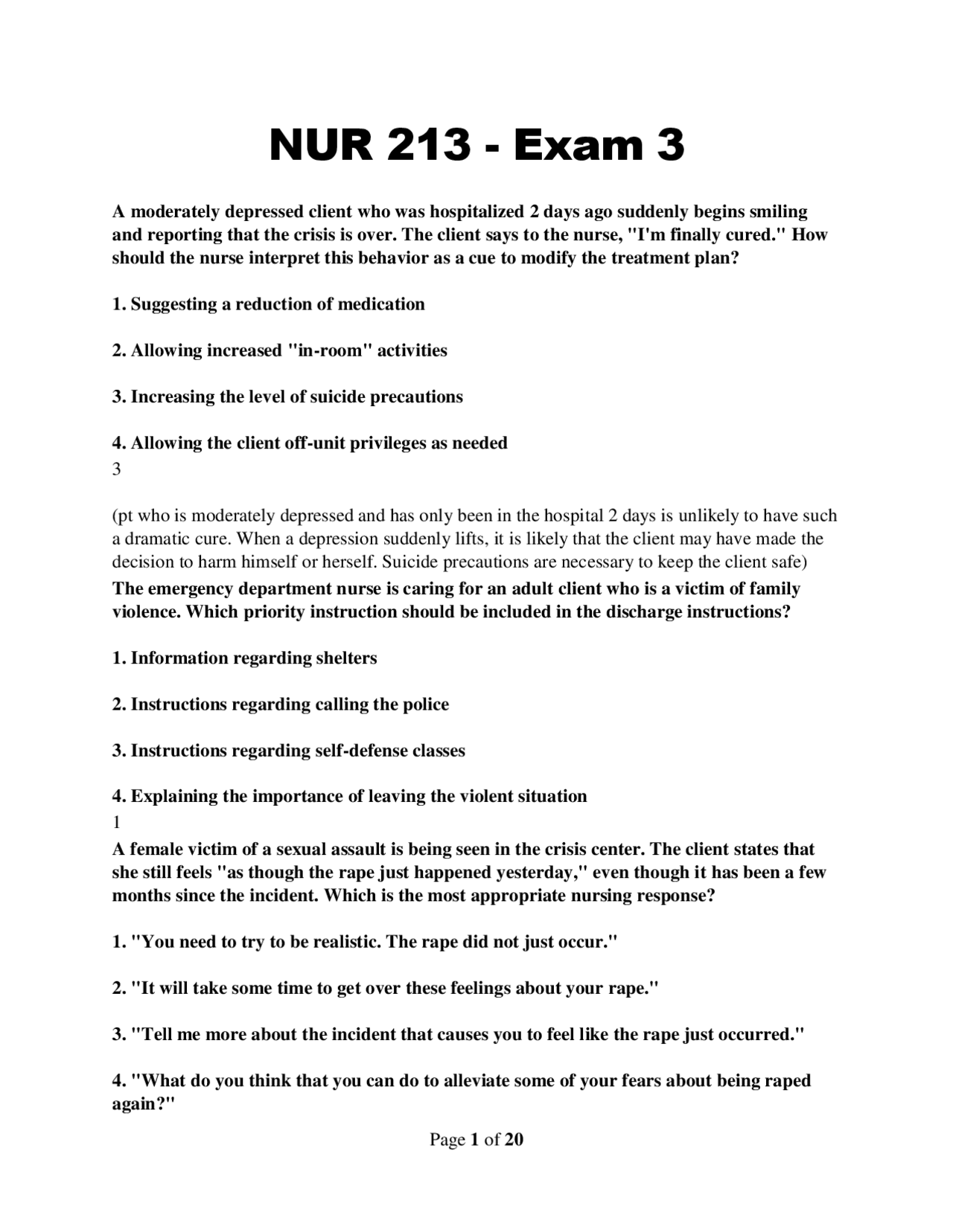 NUR 213 - Exam 3 Questions and 100% answers | Exams Nursing | Docsity