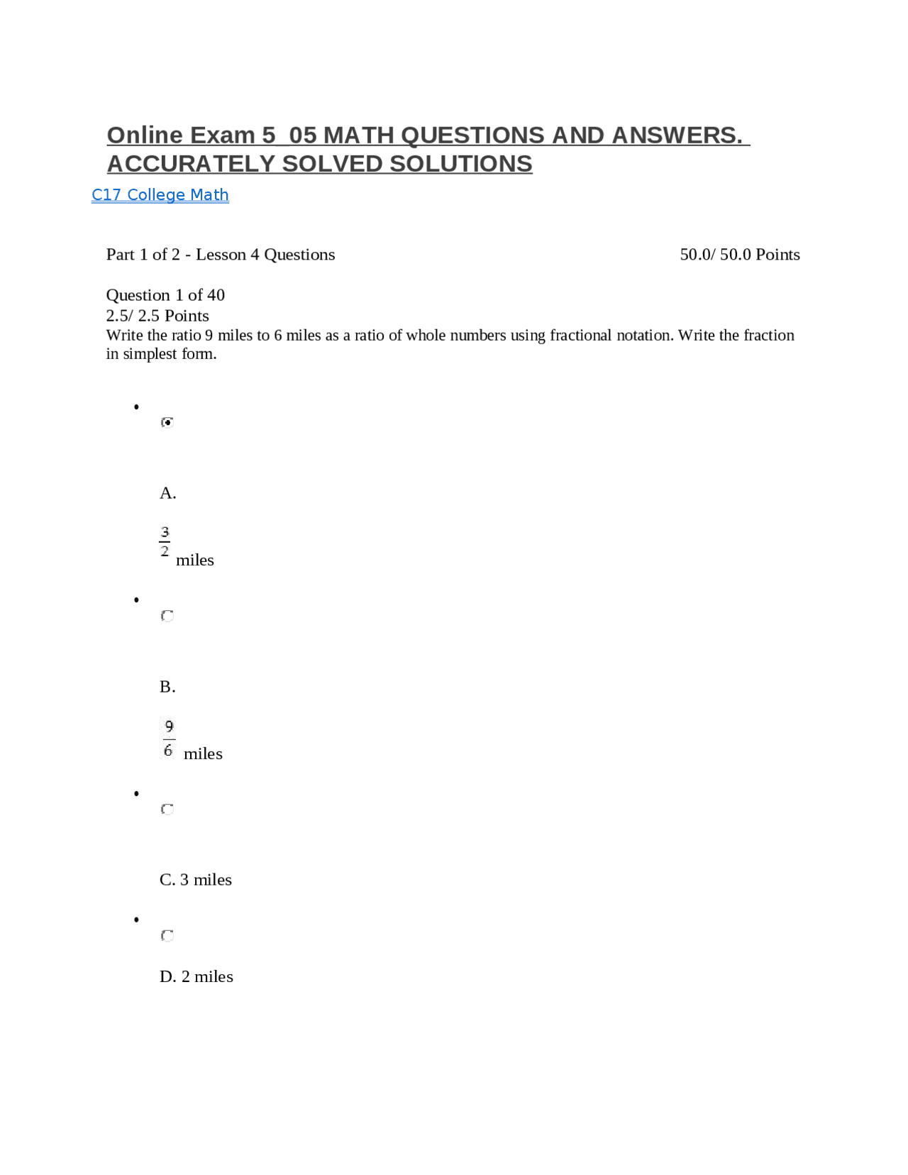 Solved Math Tests Online Exam 5_05 MATH QUESTIONS AND ANSWERS. ACCURATELY SOLVED ...