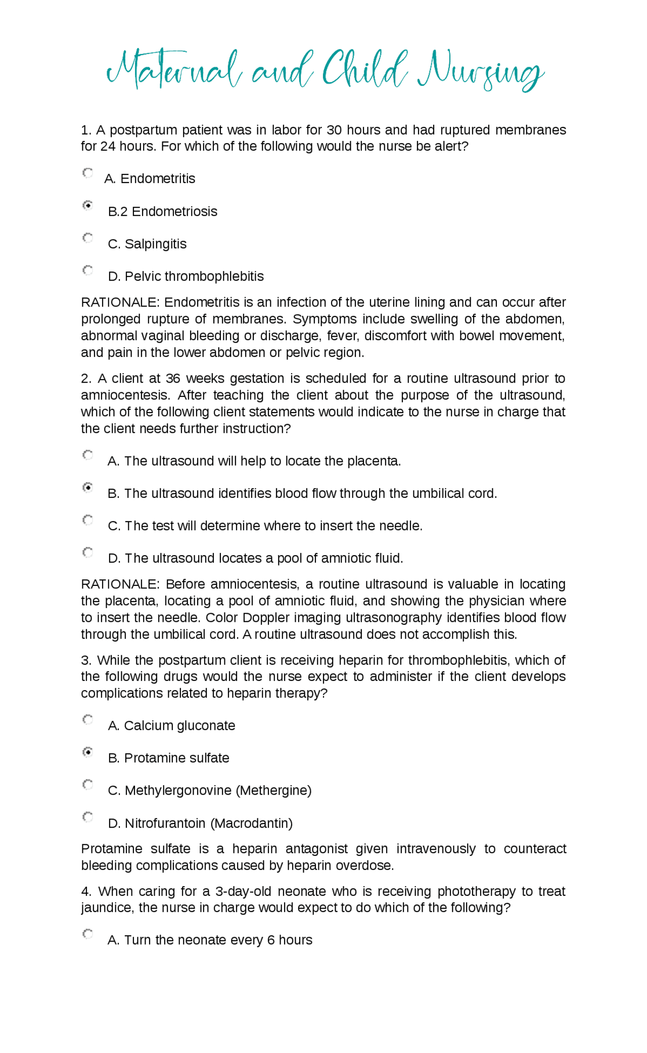 Obstetric Nursing Questions and Rationales Exams Nursing Docsity