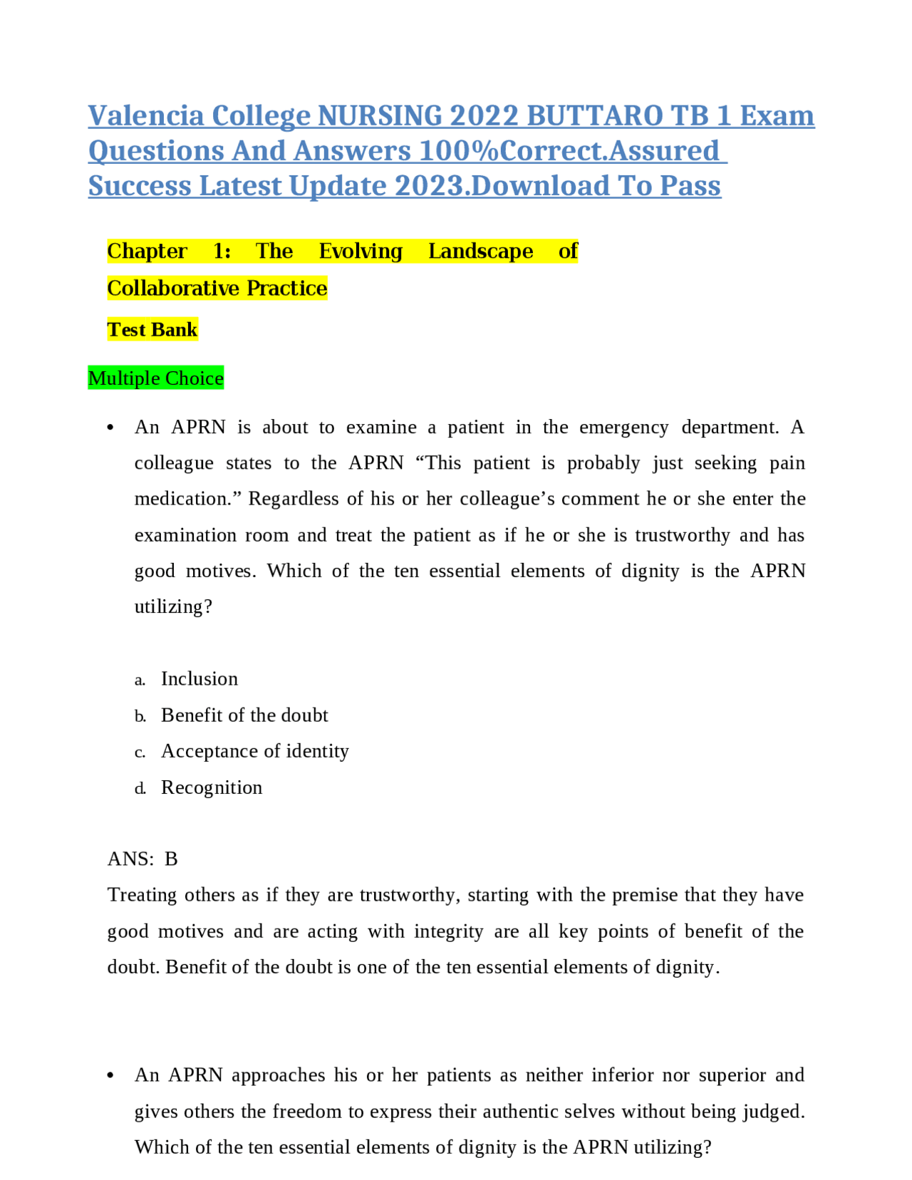 Valencia College Nursing 2022 Exam Questions and Answers Exams