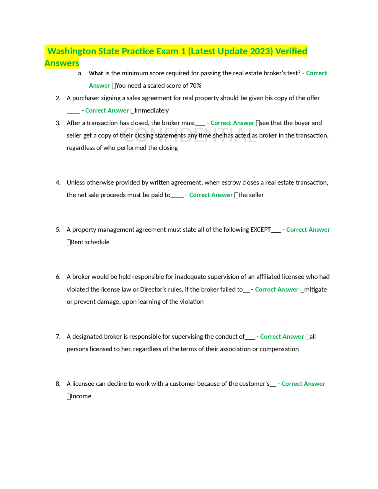 Washington State Real Estate Broker Exam Practice Questions Exams