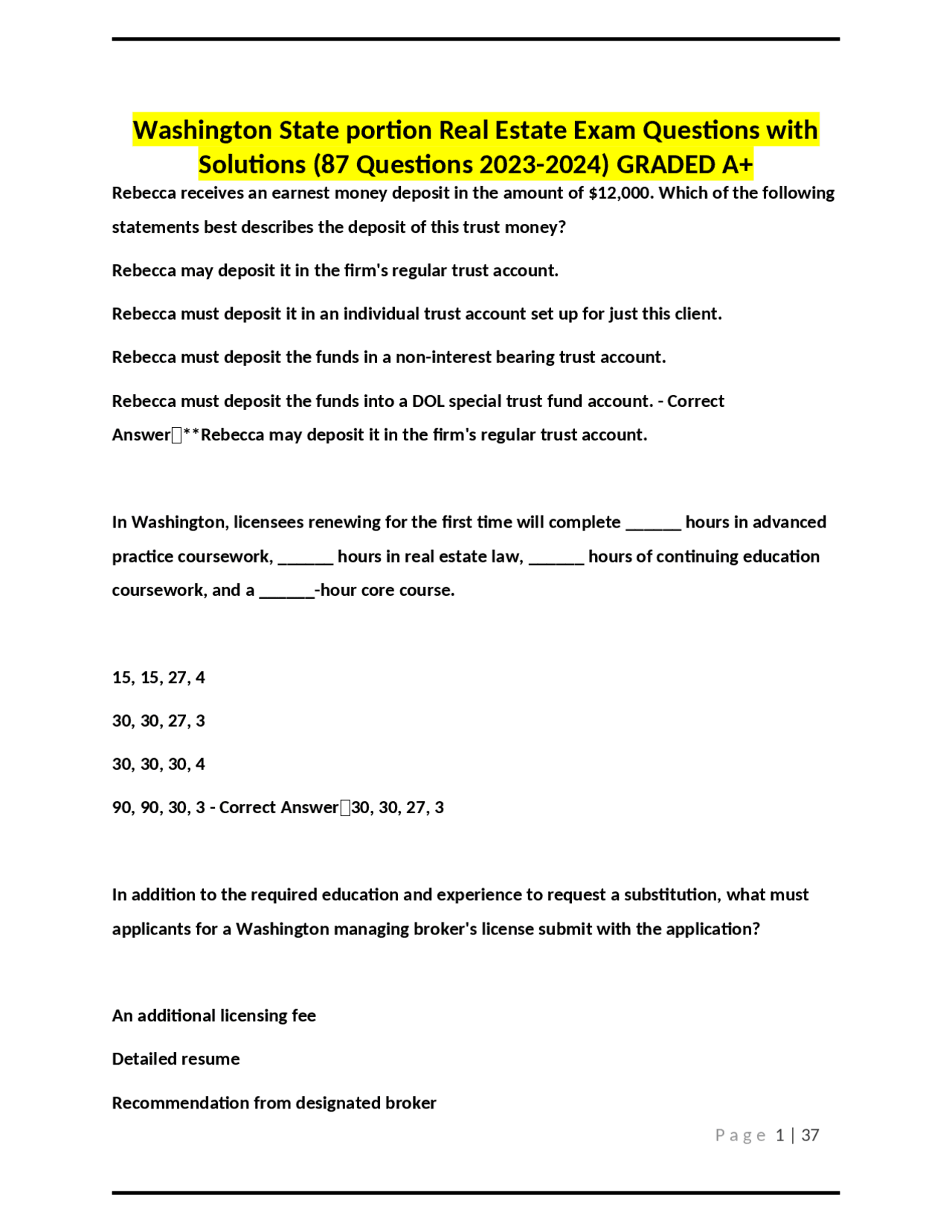 Washington State portion Real Estate Exam Questions with Solutions (87