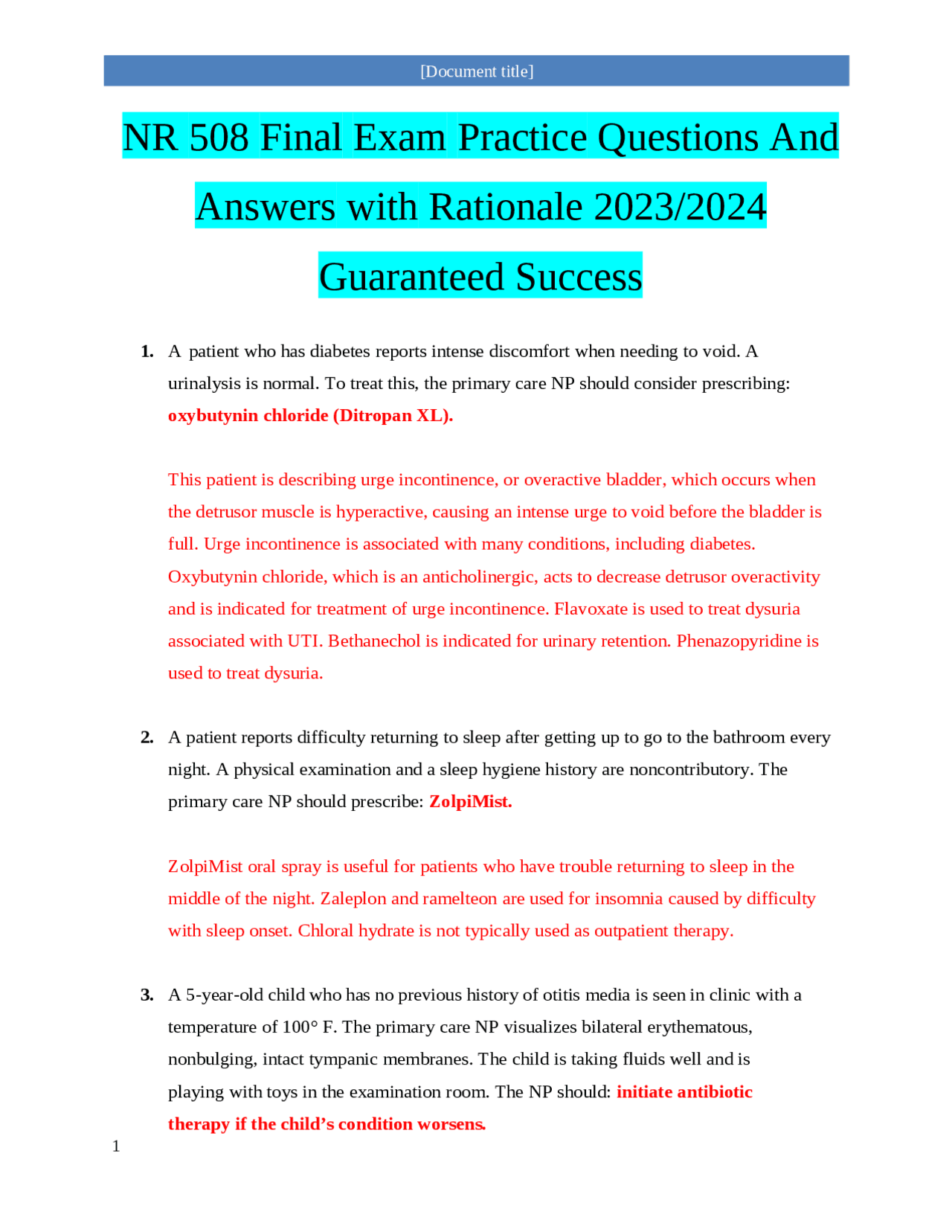 NR 508 Final Exam Practice Questions And Answers with Rationale 2023/ ...