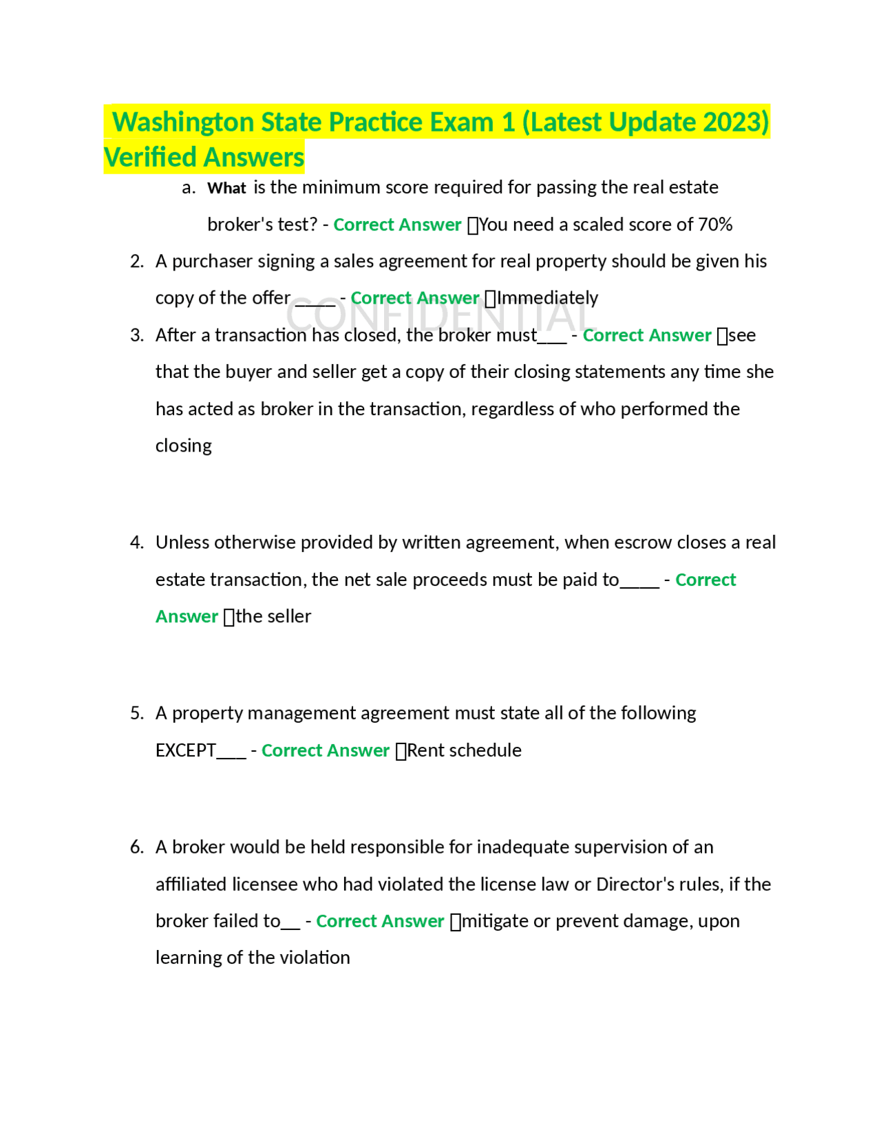 Washington State Real Estate Broker Exam Practice Questions Exams