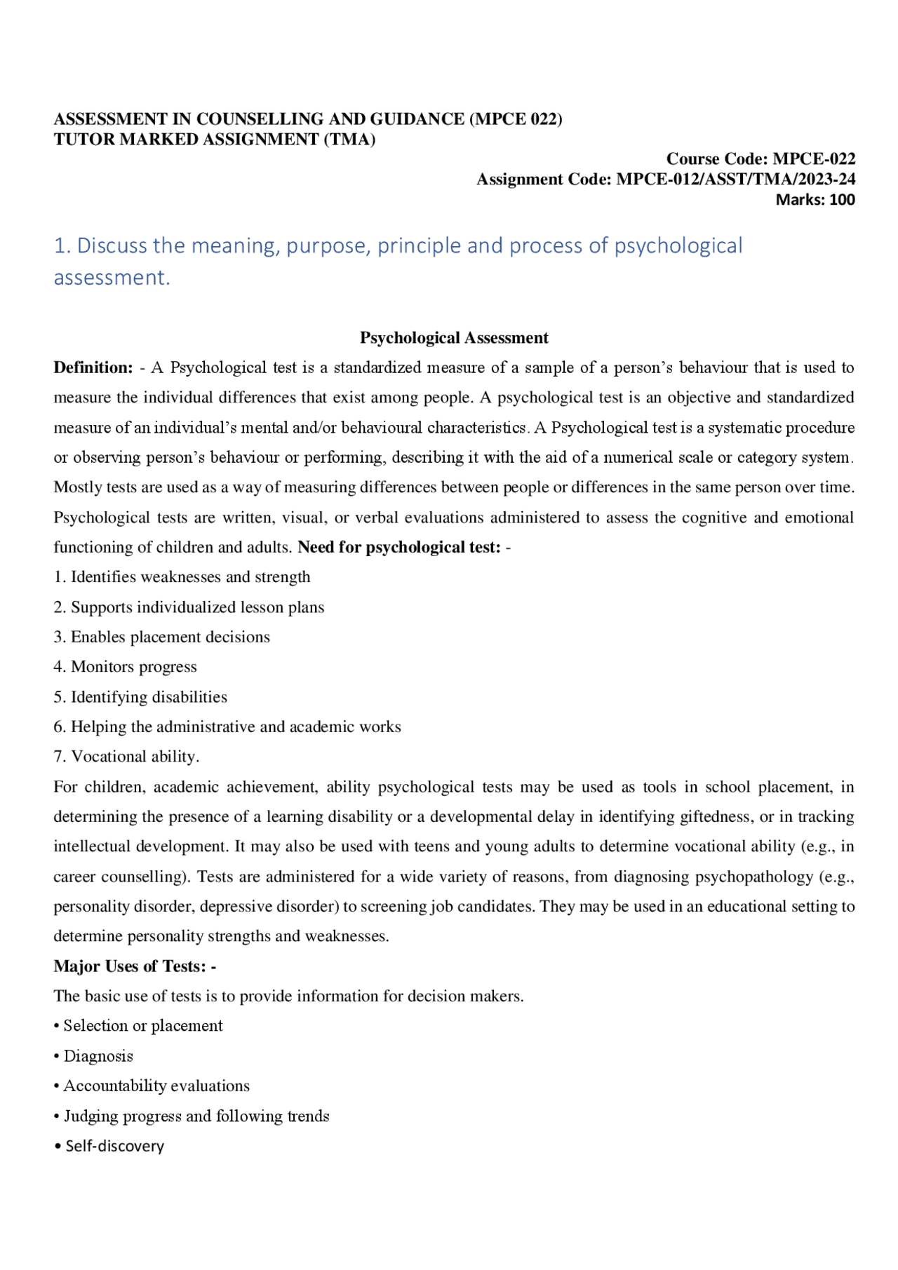 22- ASSESSMENT IN COUNSELLING AND GUIDANCE (MPCE 022) | Study notes ...