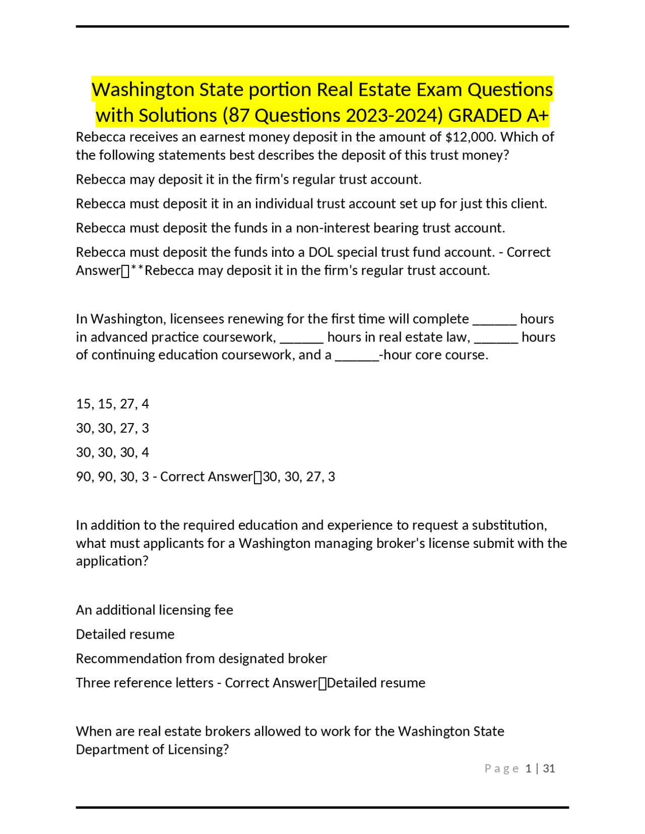 Washington State portion Real Estate Exam Questions with Solutions (87