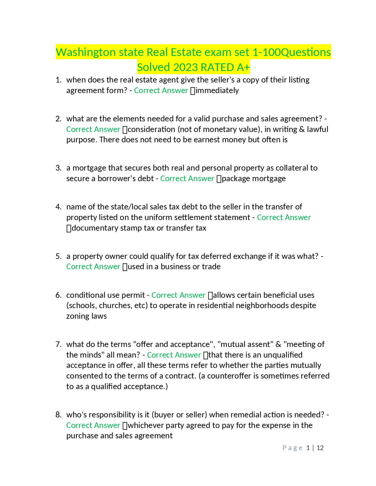 Washington state Real Estate exam set 1100Questions Solved 2023 RATED