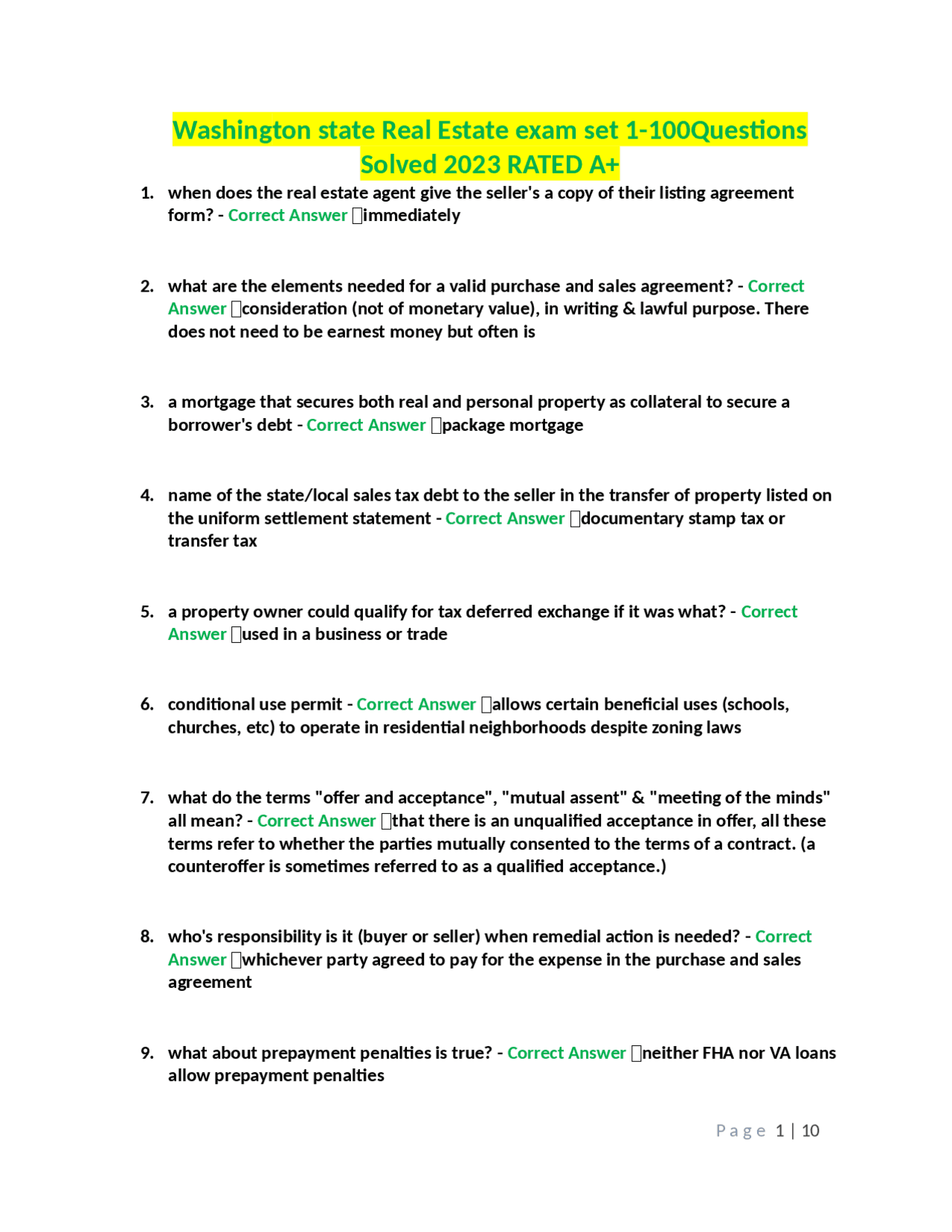 Washington state Real Estate exam set 1100Questions Solved 2023 RATED