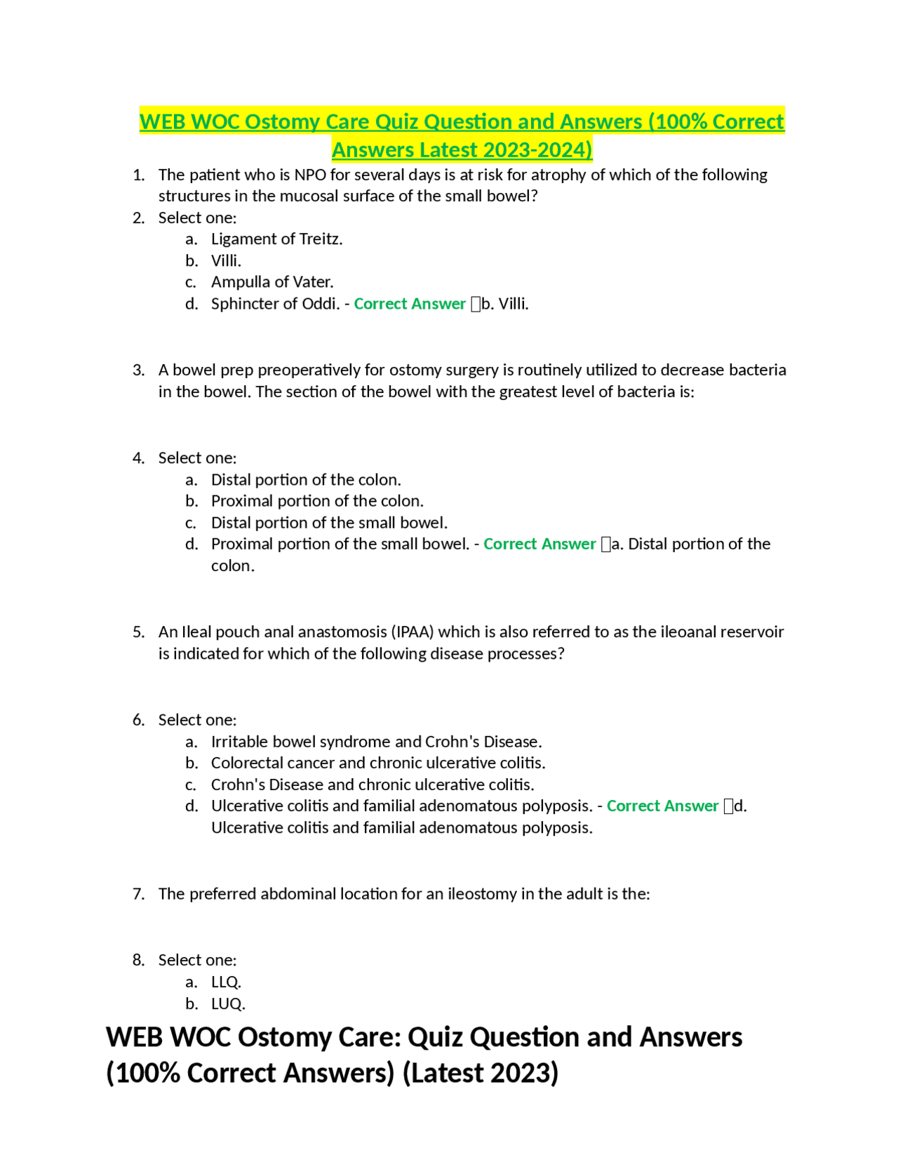 WEB WOC Ostomy Care Quiz Question and Answers (100 Correct Answers