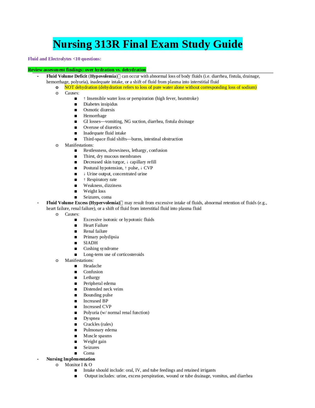 Nursing 313R Final Exam Study Guide | Exams Nursing | Docsity