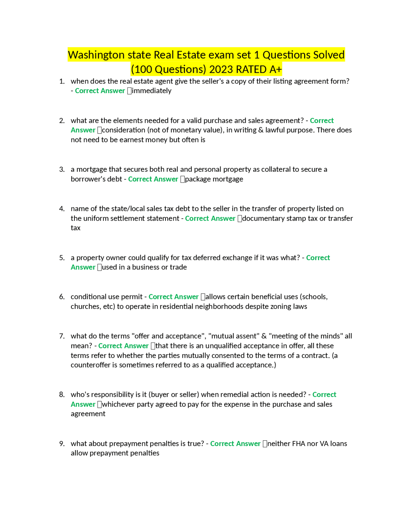 Washington state Real Estate exam set 1 Questions Solved (100 Questions