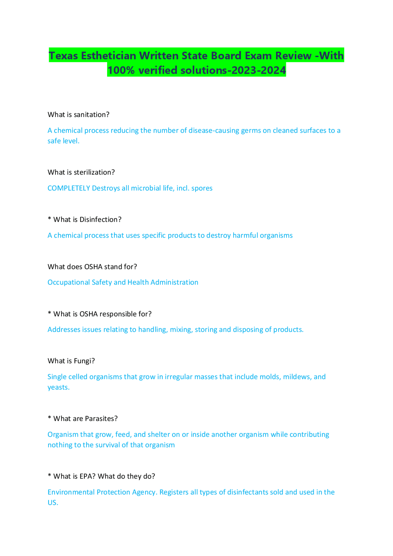 Texas Esthetician Written State Board Exam Review With 100 verified