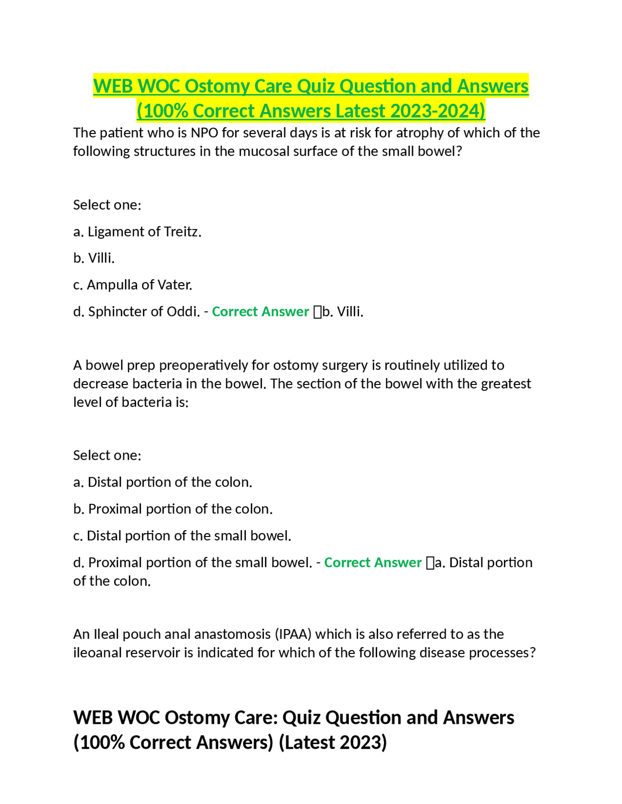 WEB WOC Ostomy Care Quiz Question and Answers (100 Correct Answers