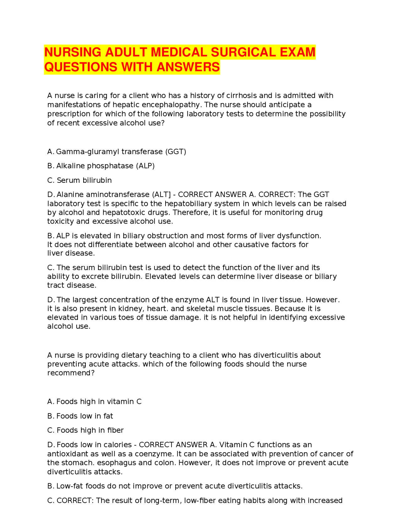 NURSING ADULT MEDICAL SURGICAL EXAM QUESTIONS WITH ANSWERS Exams
