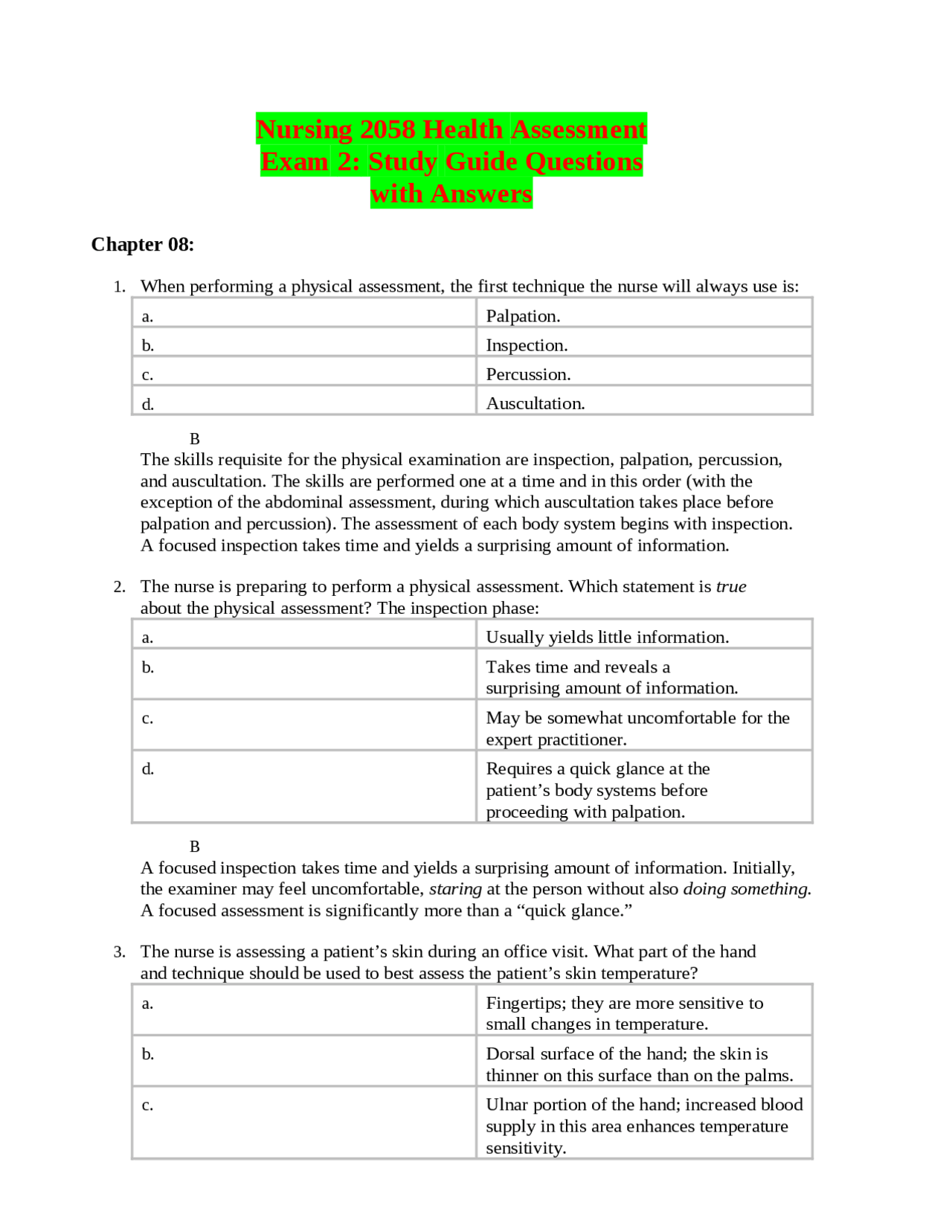 Nursing 2058 Health Assessment Exam 2: Study Guide Questions with ...