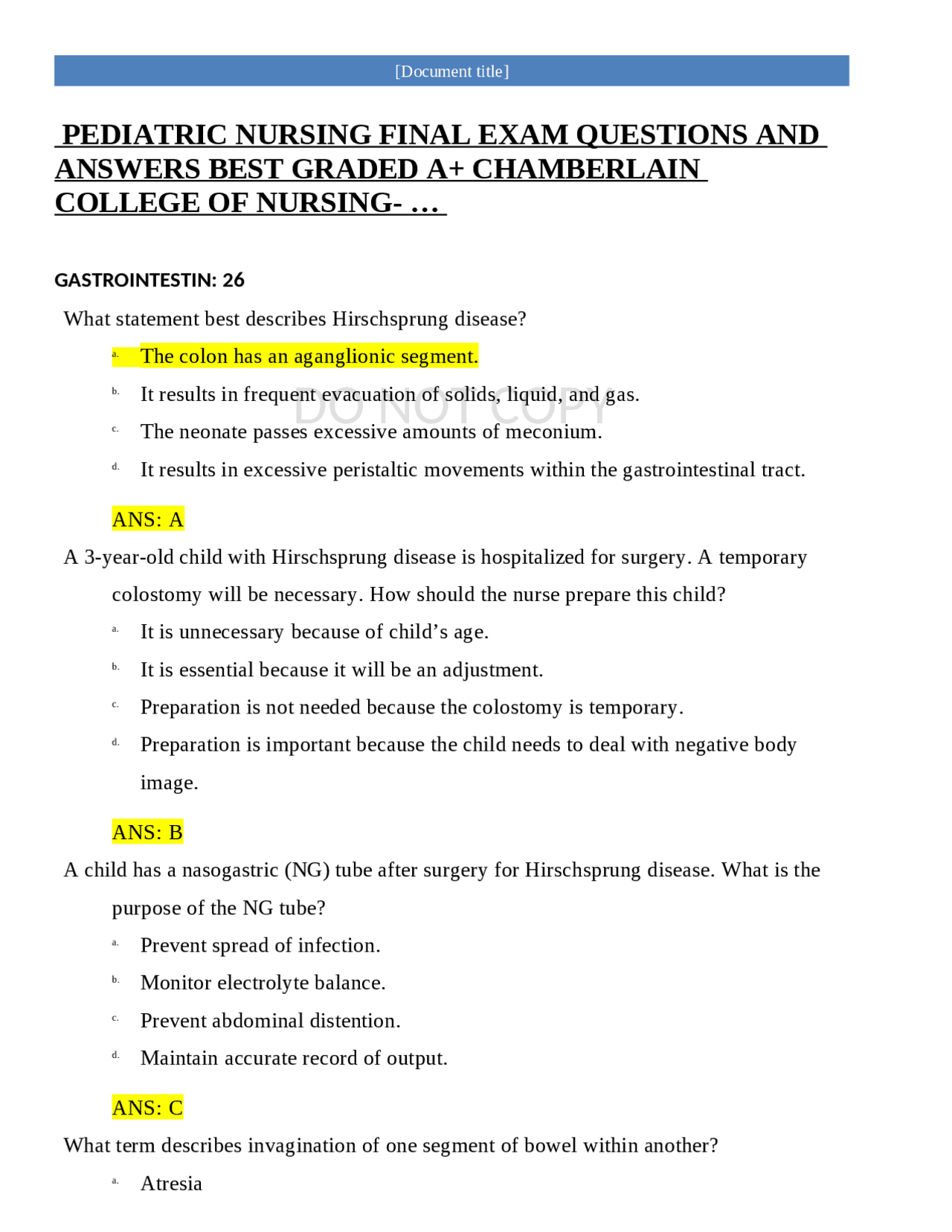 PEDIATRIC NURSING FINAL EXAM QUESTIONS AND ANSWERS BEST GRADED A+