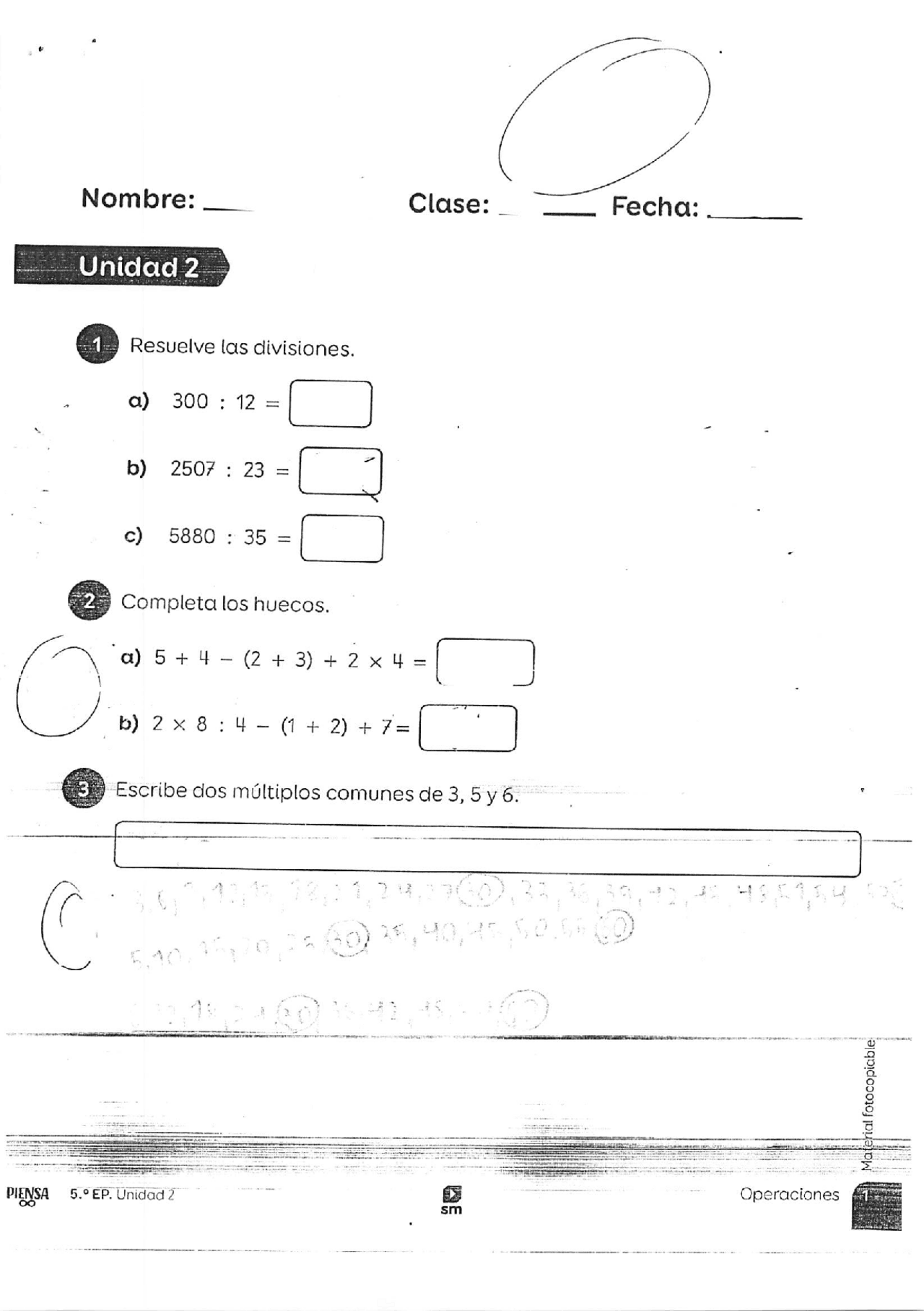 examen de matemáticas SM piensa infinito 5º primaria tema 2 | Exámenes ...
