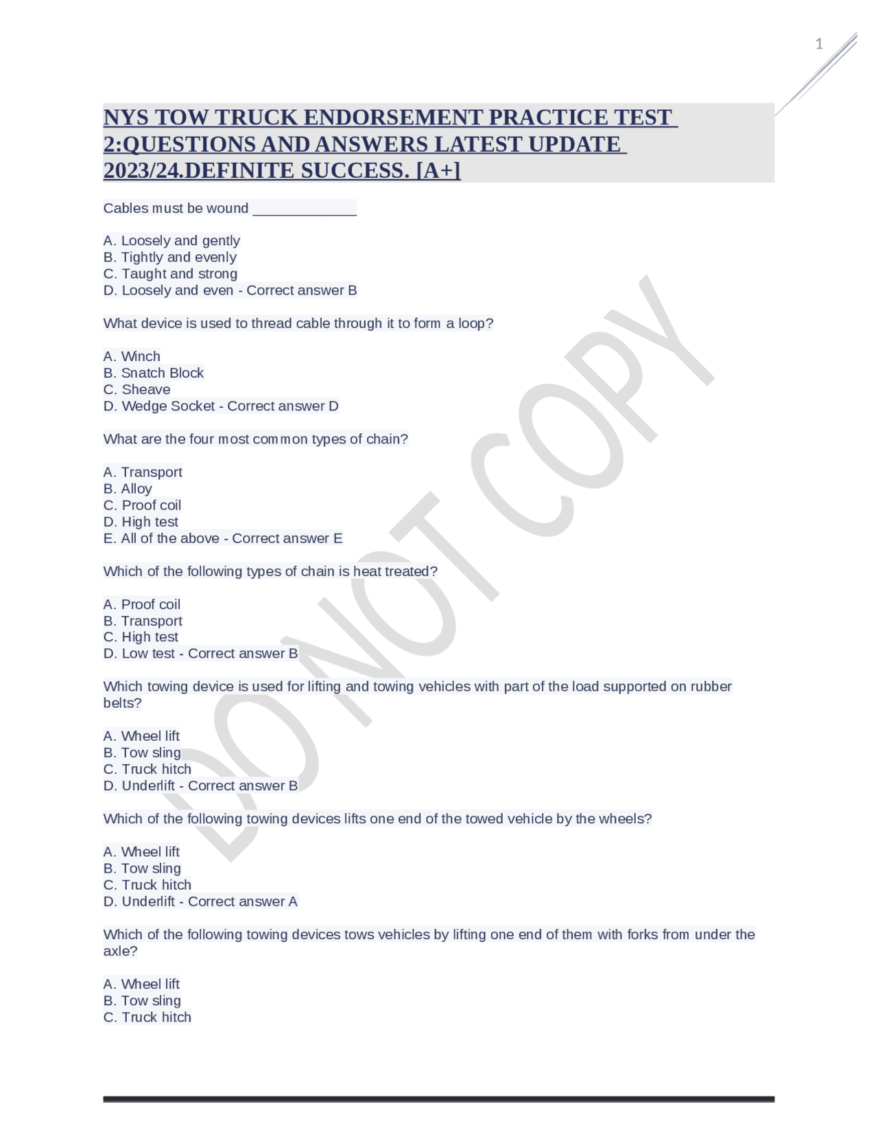 NYS TOW TRUCK ENDORSEMENT PRACTICE TEST 2QUESTIONS AND ANSWERS LATEST