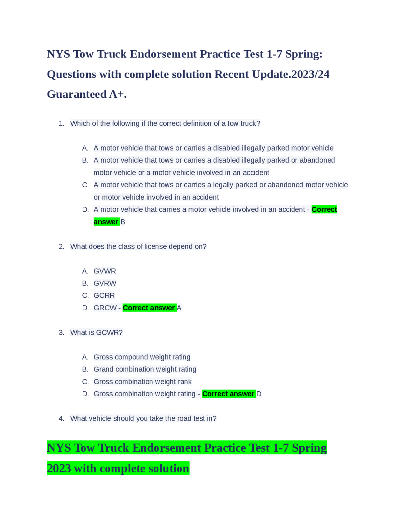 NYS Tow Truck Endorsement Practice Test 17 Spring Questions with