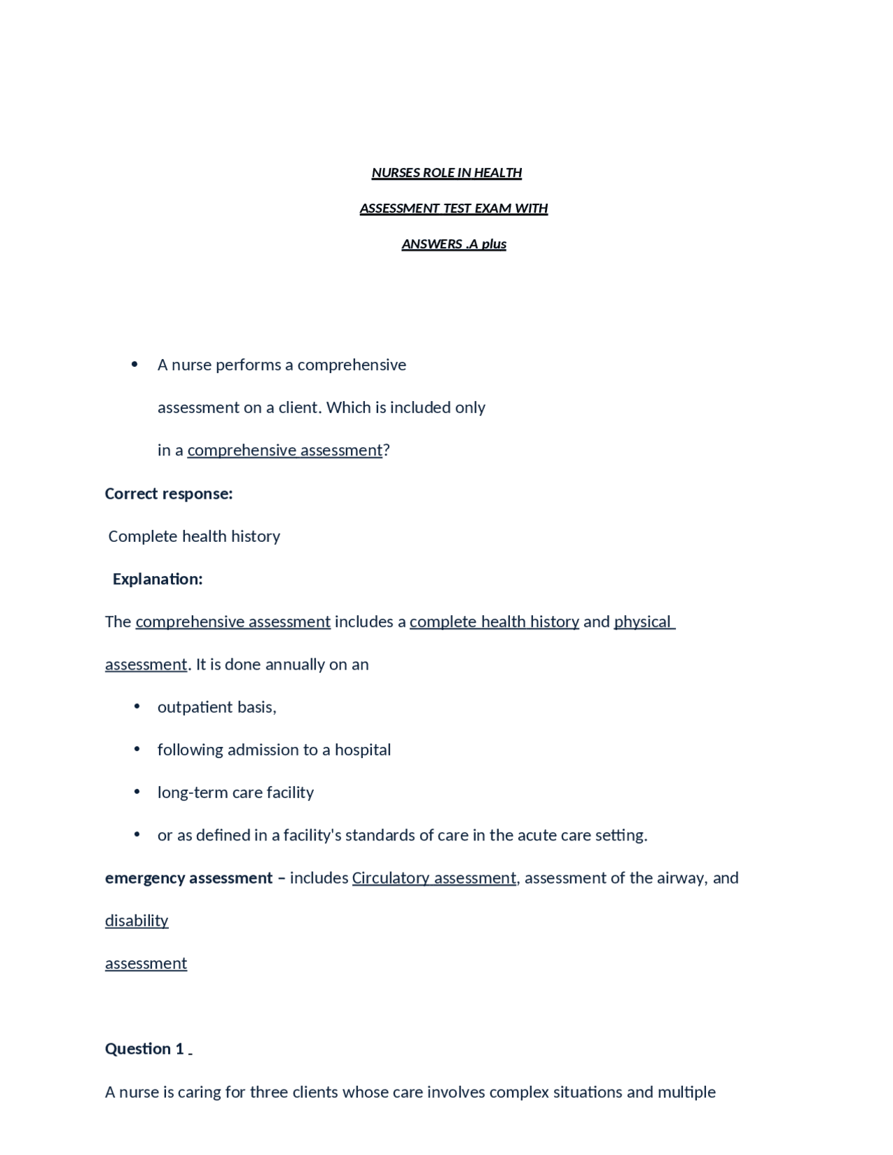 NURSES ROLE IN HEALTH ASSESSMENT TEST EXAM WITH ANSWERS .A plus | Exams ...