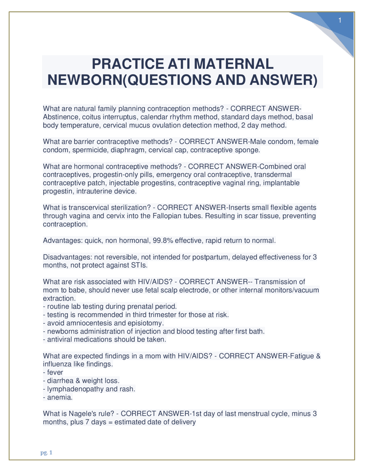 ATI Maternal Newborn Questions and Answers | Exams Nursing | Docsity
