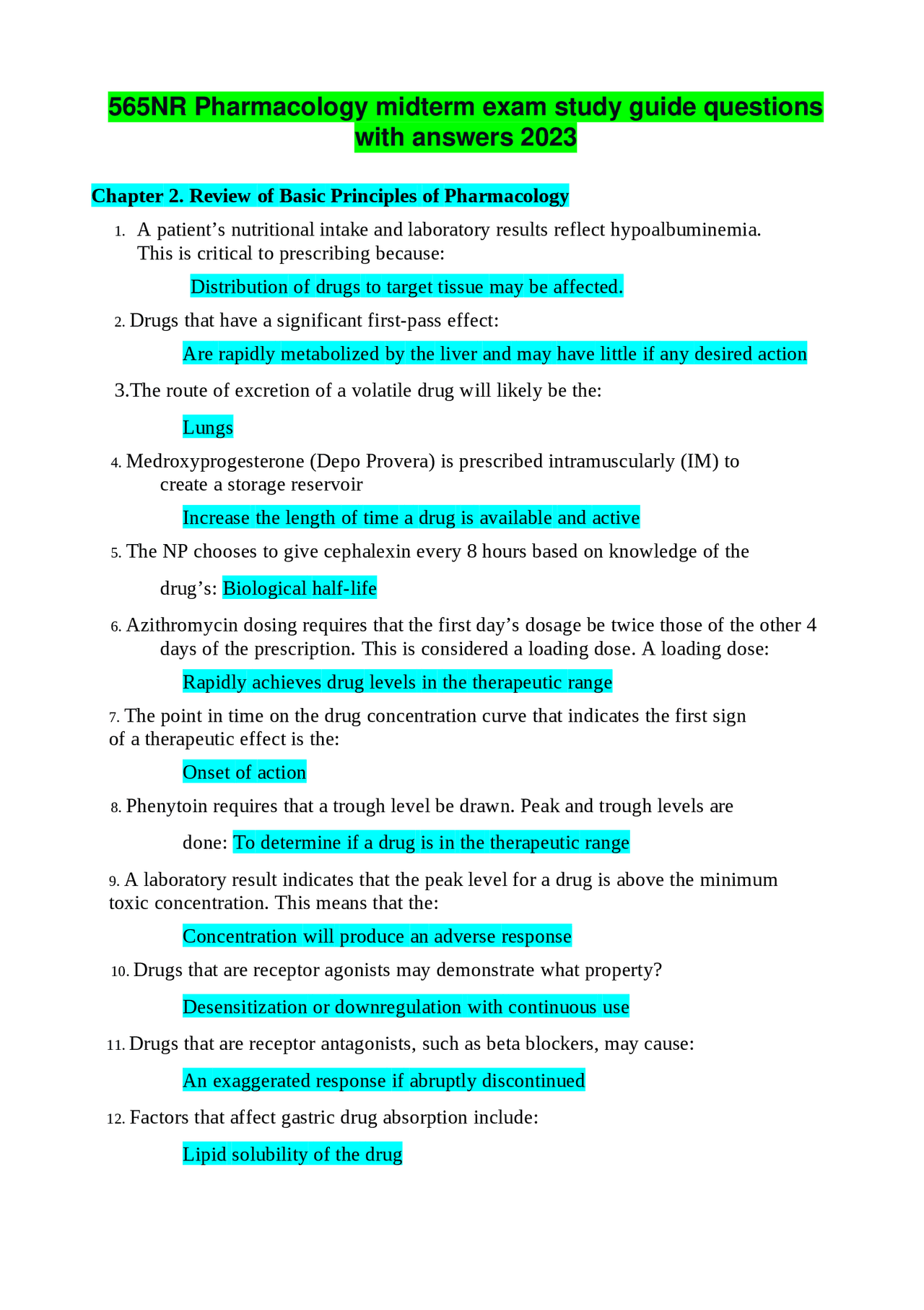 Pharmacology Midterm Exam Study Guide Exams Pharmacology Docsity