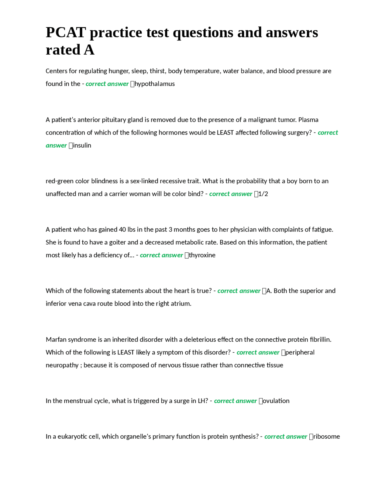 PCAT practice test questions and answers rated A | Exams Nursing | Docsity