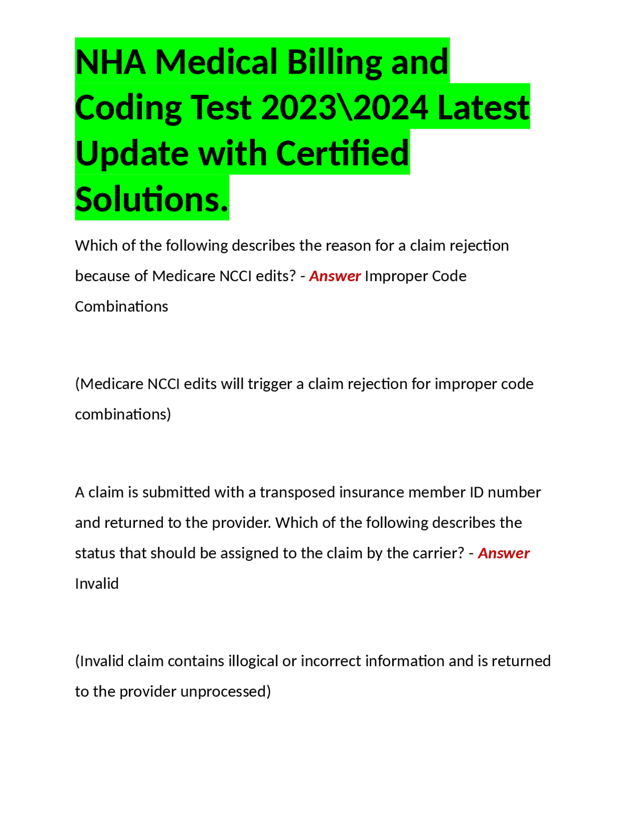 NHA Medical Billing and Coding Test 2023\2024 Latest Update with ...