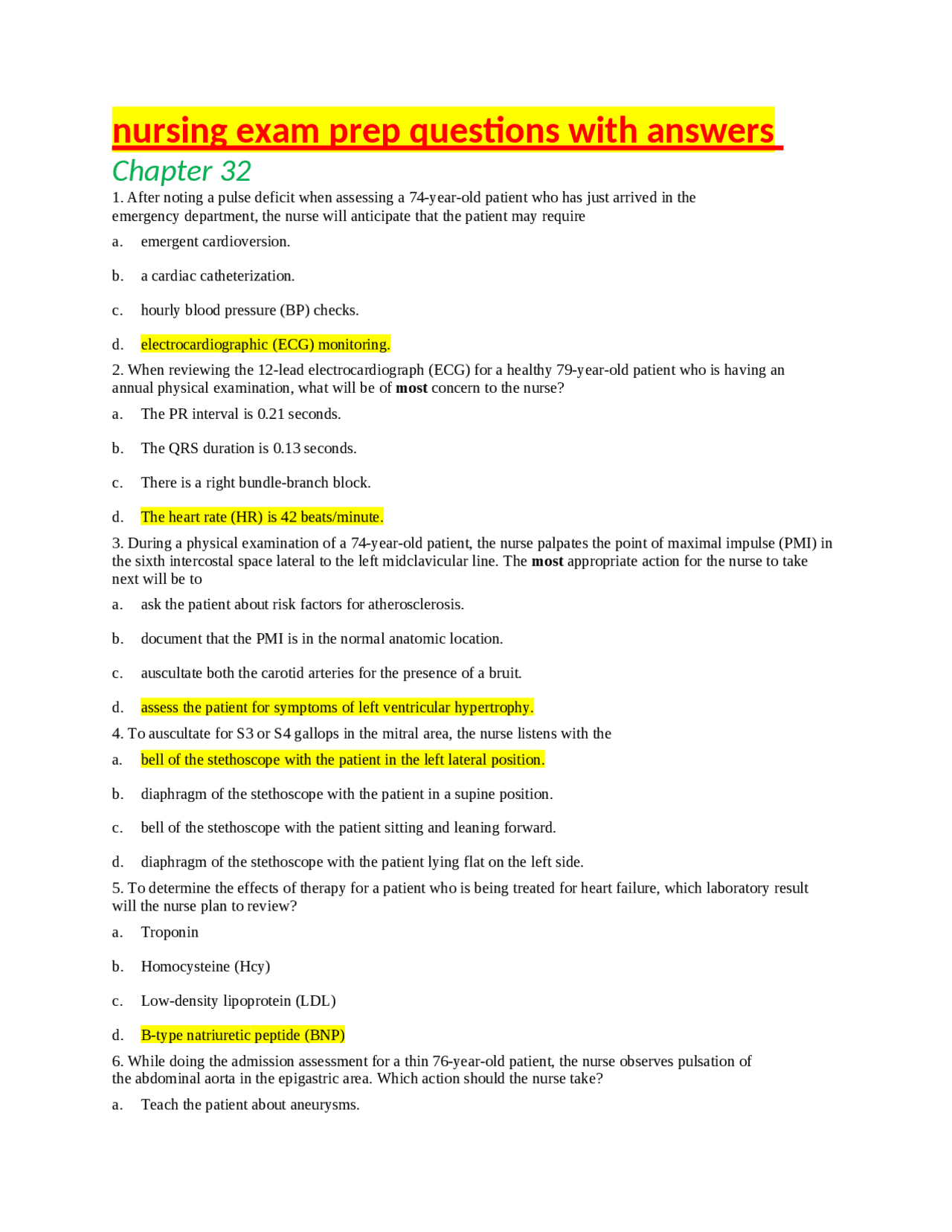 Nursing Exam Prep Questions with Answers Chapter 32 and 34 | Exams ...