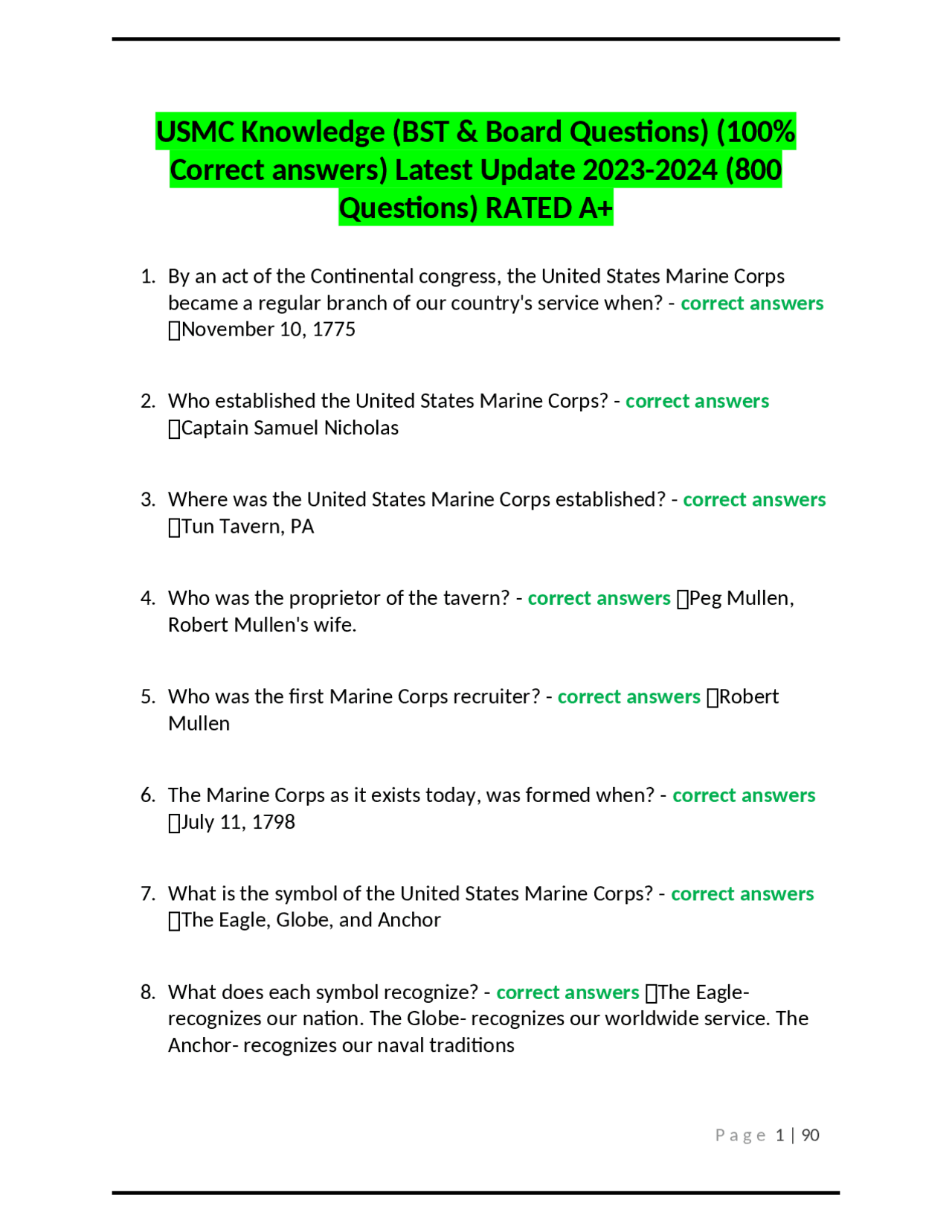 USMC Knowledge (BST & Board Questions) (100 Correct answers) Latest