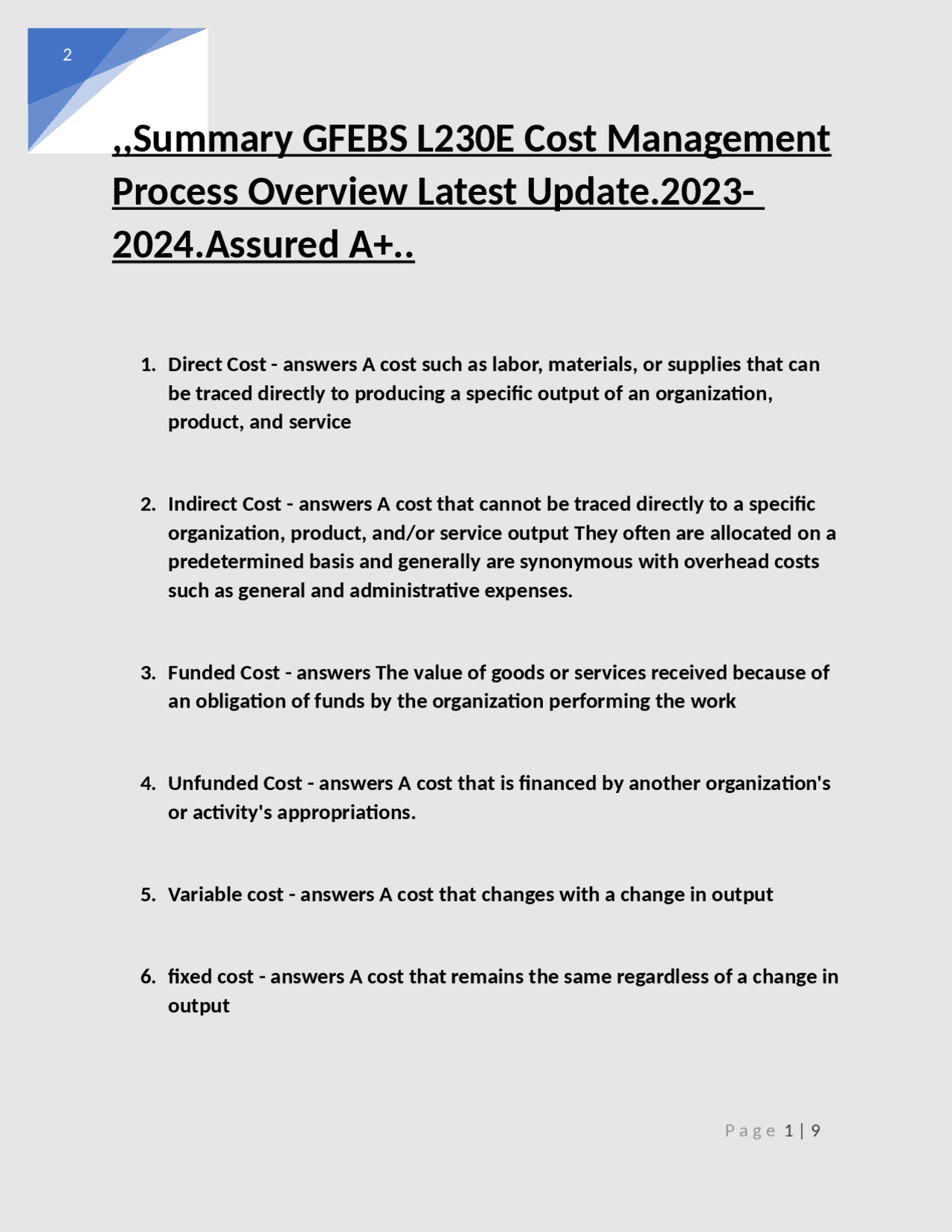 GFEBS L230E Cost Management Process Overview Exams Nursing Docsity