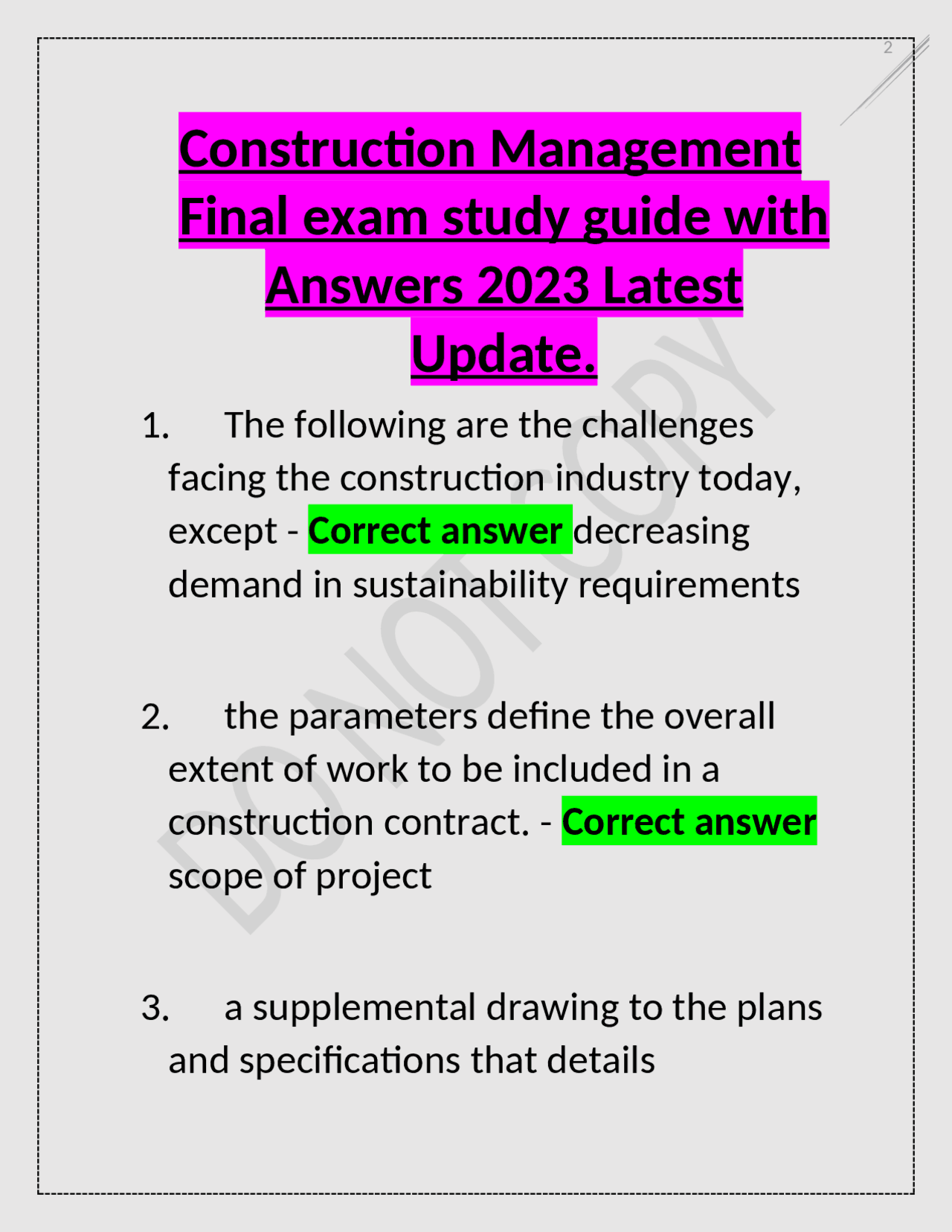 Construction Management Final Exam Study Guide | Exams Construction ...