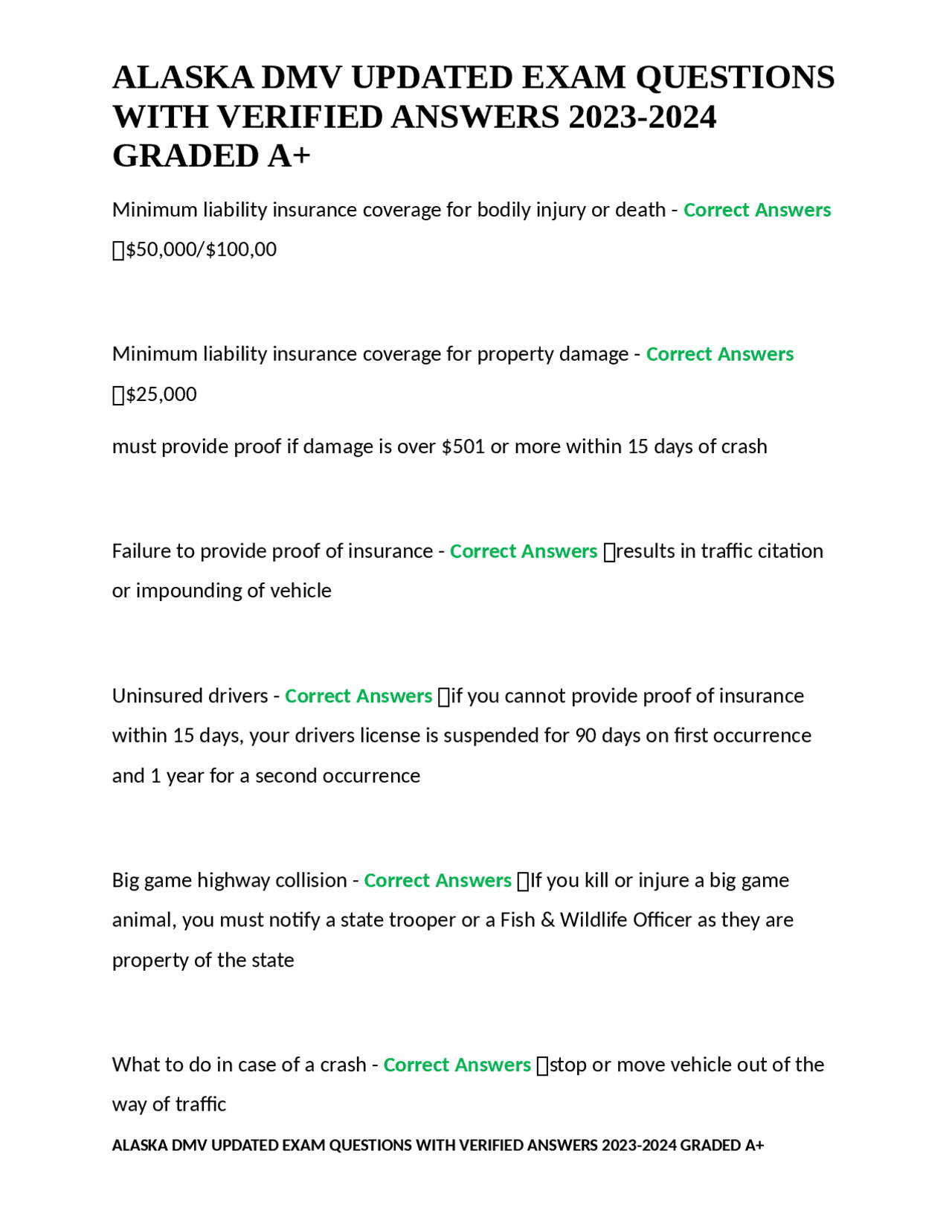 ALASKA DMV UPDATED EXAM QUESTIONS WITH VERIFIED ANSWERS 20232024