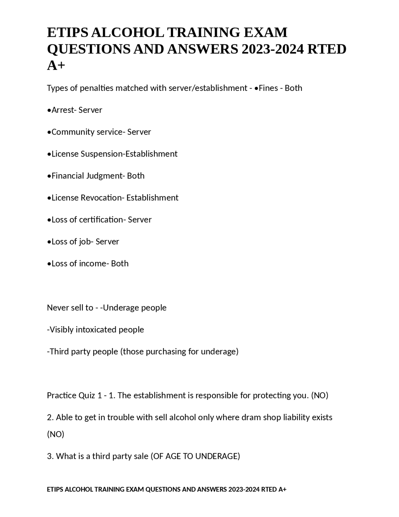 ETIPS ALCOHOL TRAINING EXAM QUESTIONS AND ANSWERS 20232024 RTED A+