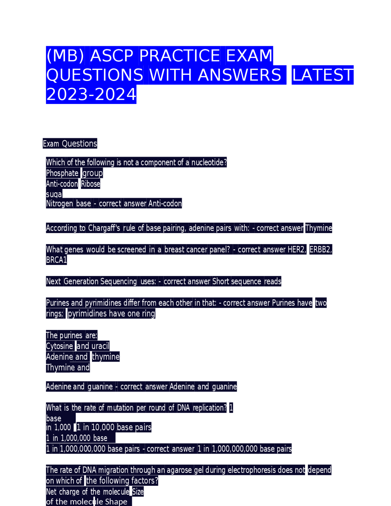 (MB) ASCP PRACTICE EXAM QUESTIONS WITH ANSWERS LATEST 20232024 GRADED