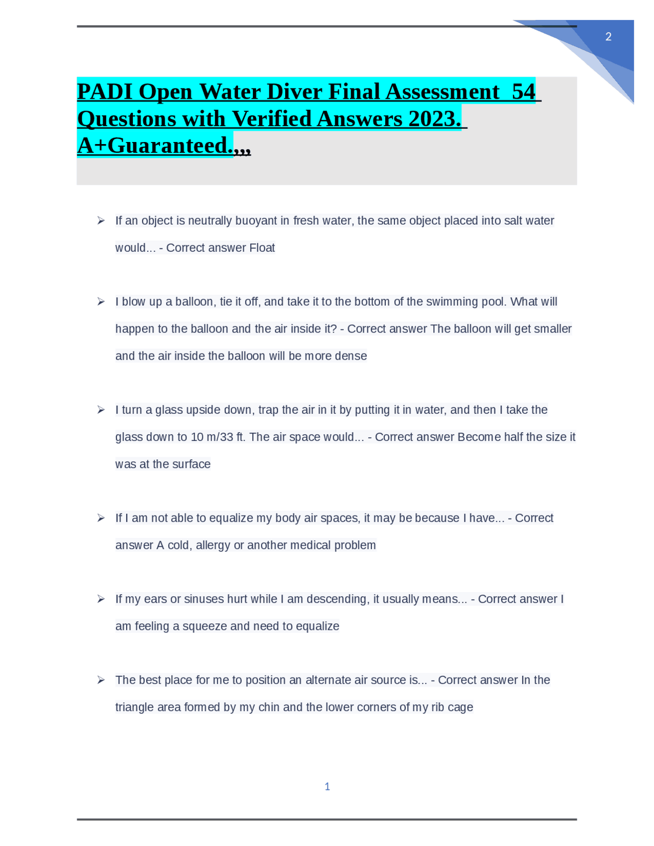 PADI Open Water Diver Final Assessment 54 Questions with Verified