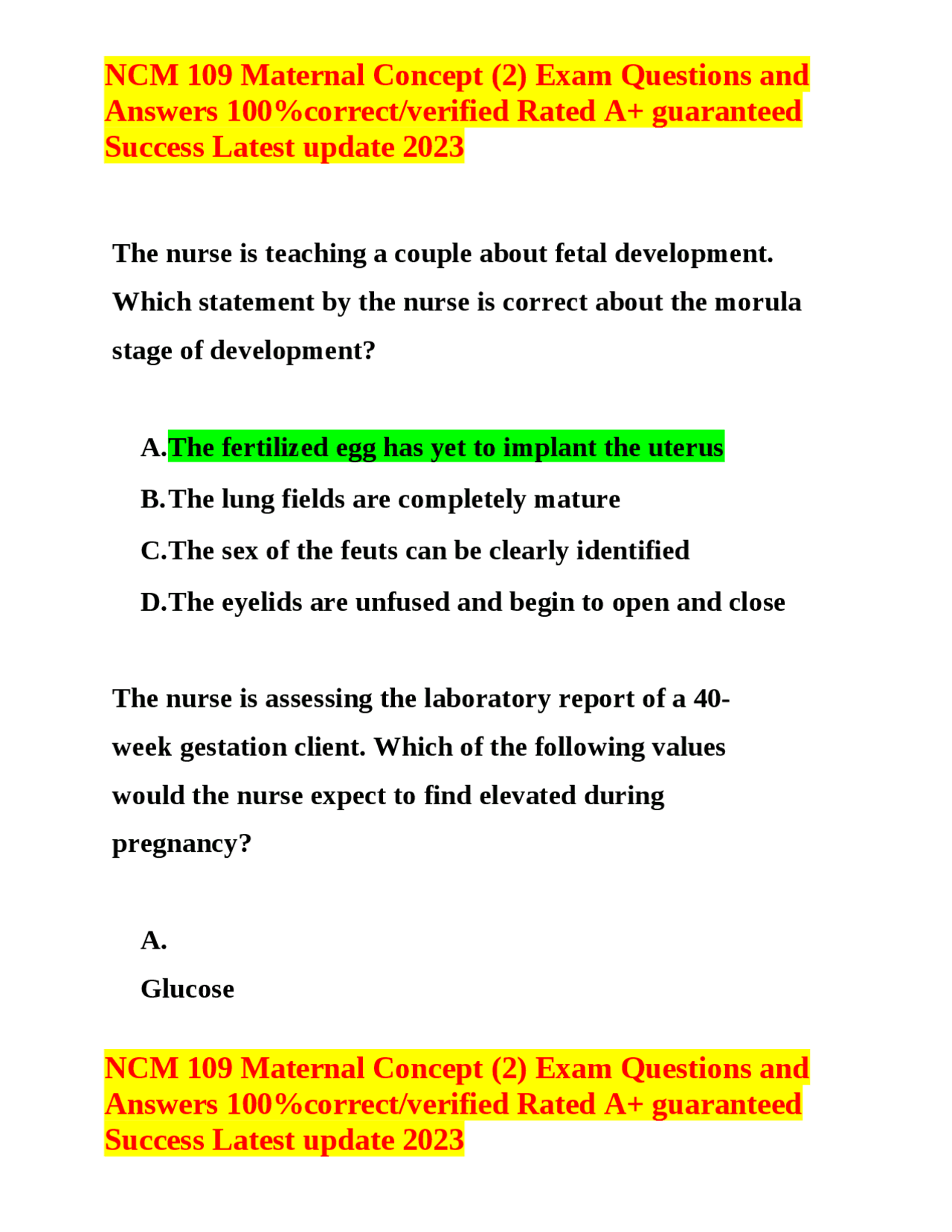 NCM 109 Maternal Concept (2) Exam Questions and Answers 100%correct ...