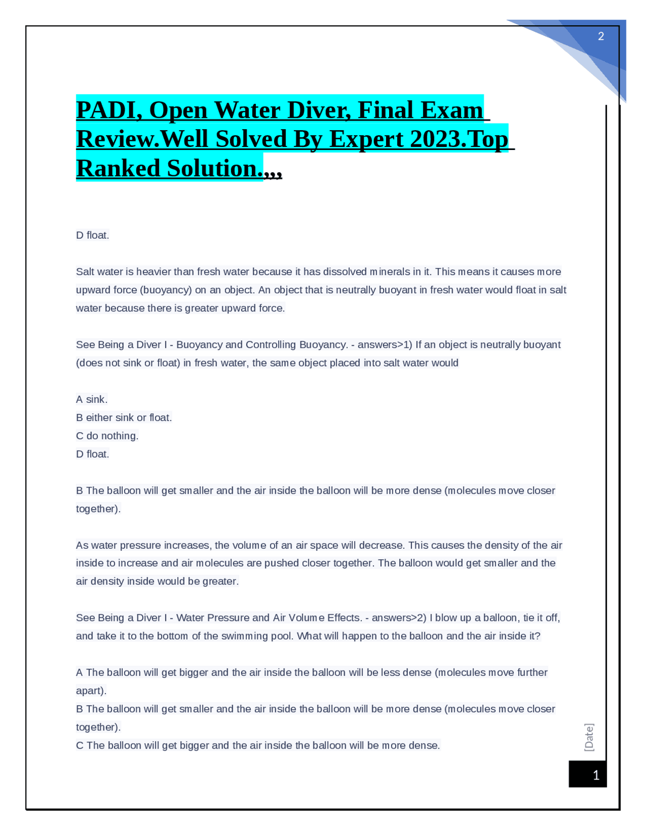 PADI, Open Water Diver, Final Exam Review.Well Solved By Expert 2023
