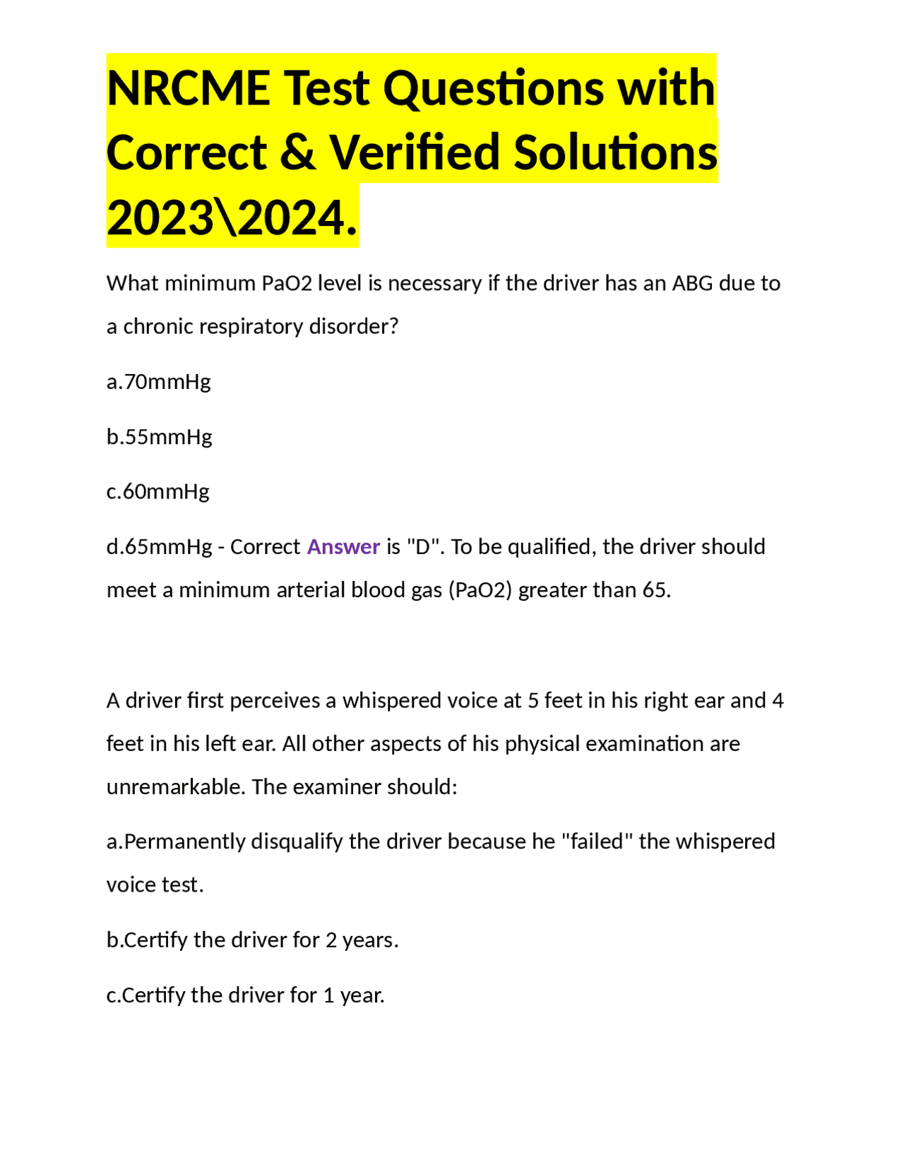 NRCME Test Questions with Correct Verified Solutions 2023 #92 2024 NRCME Test Questions with Correct Verified Solutions 2023 #92 2024